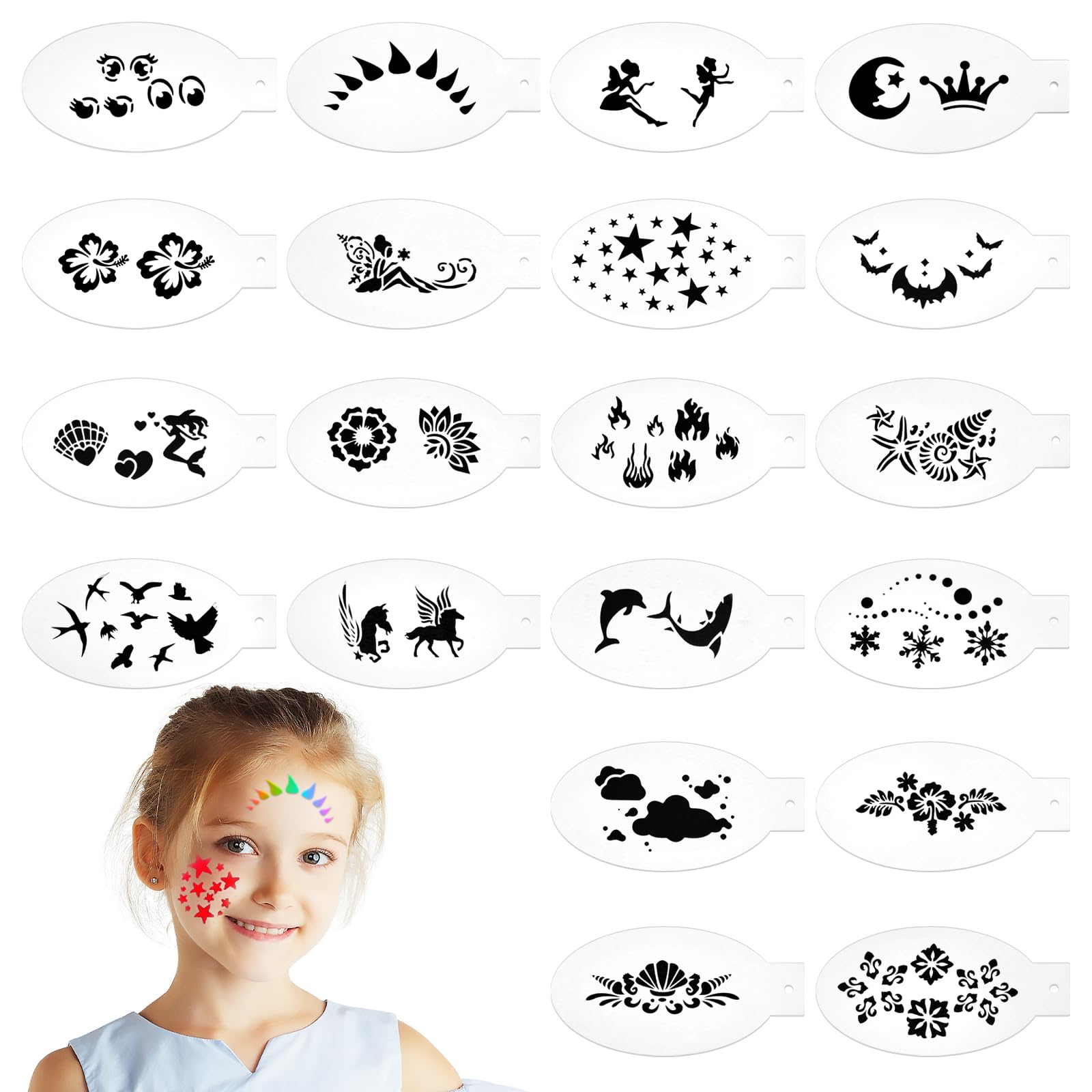 20pcs Kids Tattoo Stencils - Reusable Face Paint Templates for Halloween & Parties