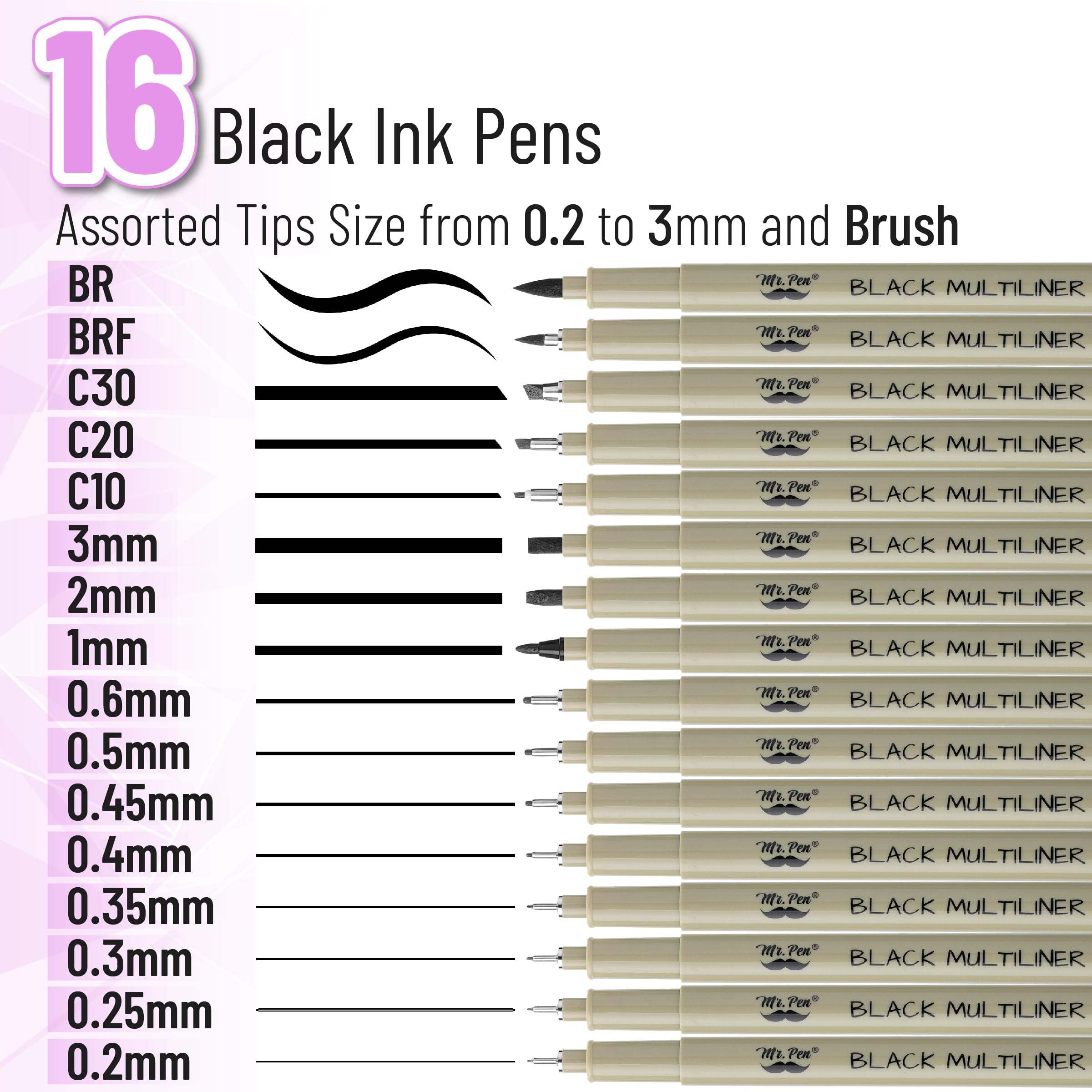 Mr. Pen Professional Artist Drawing Pens Set - 16 Sizes Black Multiliner Fineliner for Sketching, Bible Journaling & Calligraphy | Micro Ink Pens for Artists, Illustrators & Designers | Perfect for Sketching, Doodling, Manga & Technical Drawing