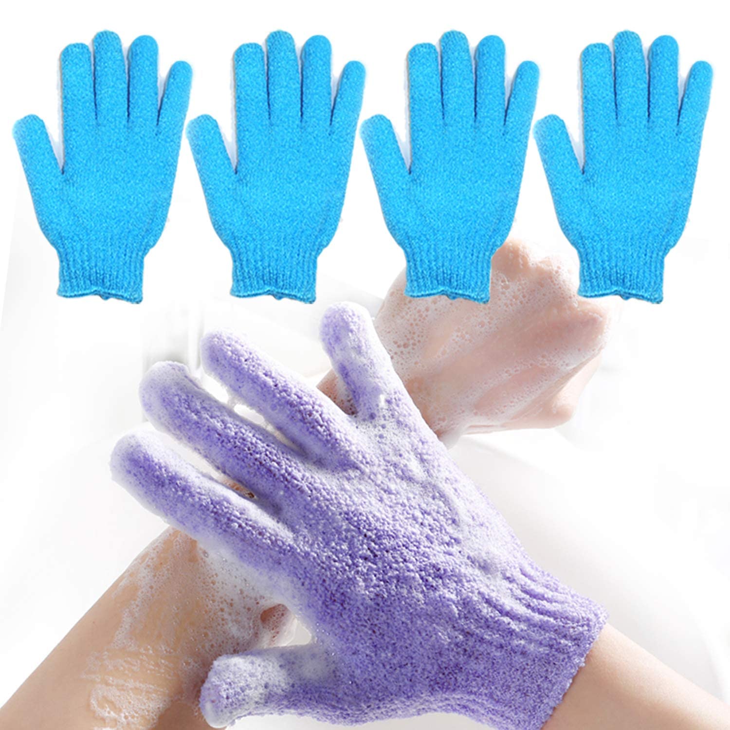 2 Pair Exfoliating Body Gloves - Bath Scrub Wash Mitts for Deep Cleansing & Dead Skin Removal - Luxury Spa Loofah Scrubber with Lanyard (Blue) - Perfect for Shower, Bath & Skin Care Routine