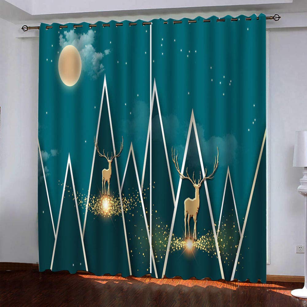 Blackout Curtains for Bedroom & Living Room - Thermal Insulated Room Darkening Curtains 52x84 Inch, 2 Panels, Green Geometric Elk Pattern - Perfect for Sleep, Home Theater & Light Control