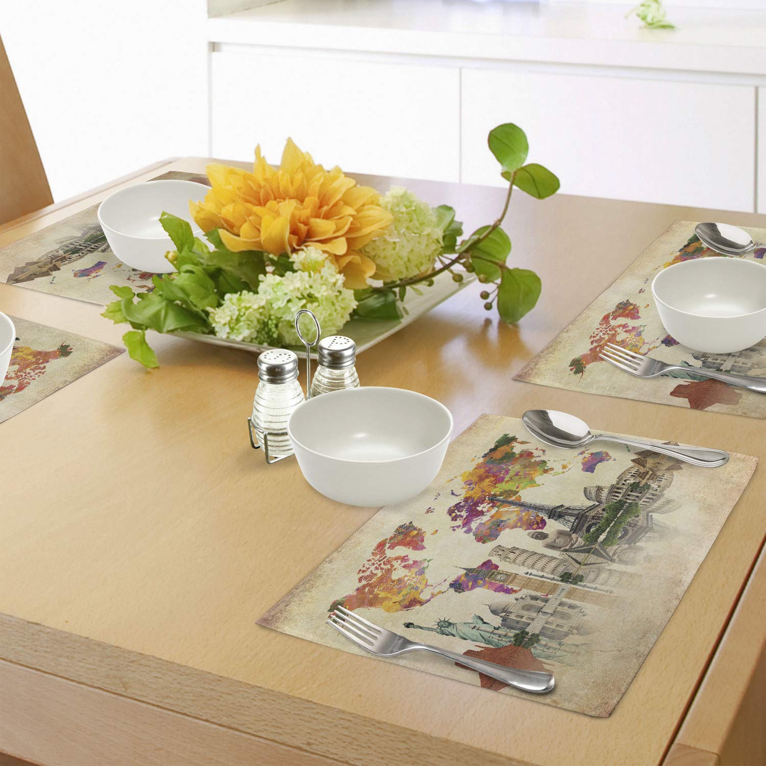 Lunarable Washable Fabric Placemats Set of 4 - World Landmarks & 7 Wonders Abstract Map Design for Dining Table | Standard Size Sepia Cream | Perfect for Home Decor, Kitchen, Restaurant & Dinner Parties