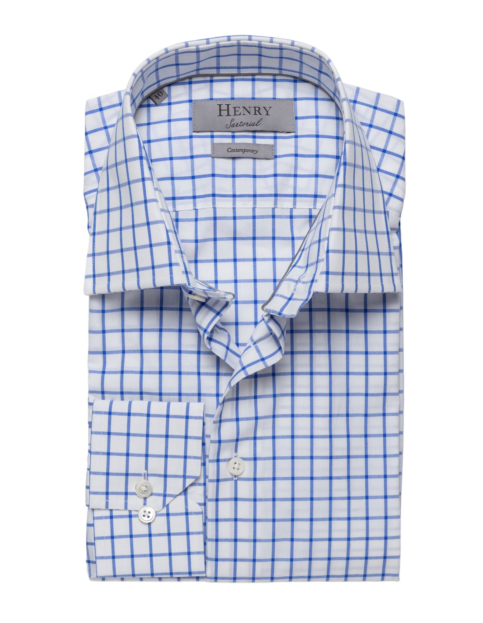 HENRY SARTORIAL Men's Classic Blue Check Cotton Dress Shirt - Slim Fit Button Down Oxford Shirt for Business Casual & Office Wear