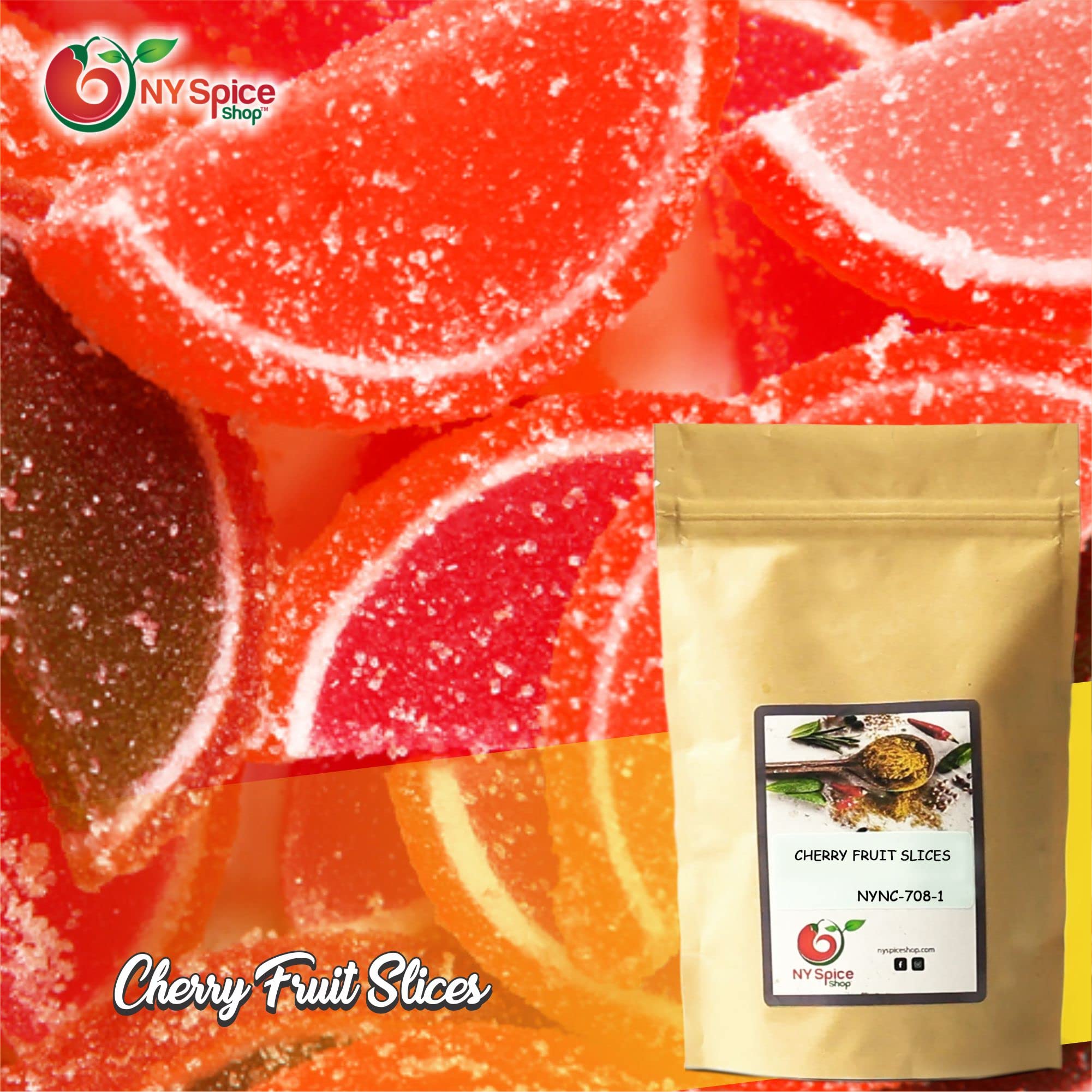 NY Spice Shop Cherry Fruit Slices Jelly Candy - 1 Pound Bulk Old Fashioned Gummy Candy - Sweet & Chewy Candied Fruit Slices for Baking, Snacking & Gift Giving