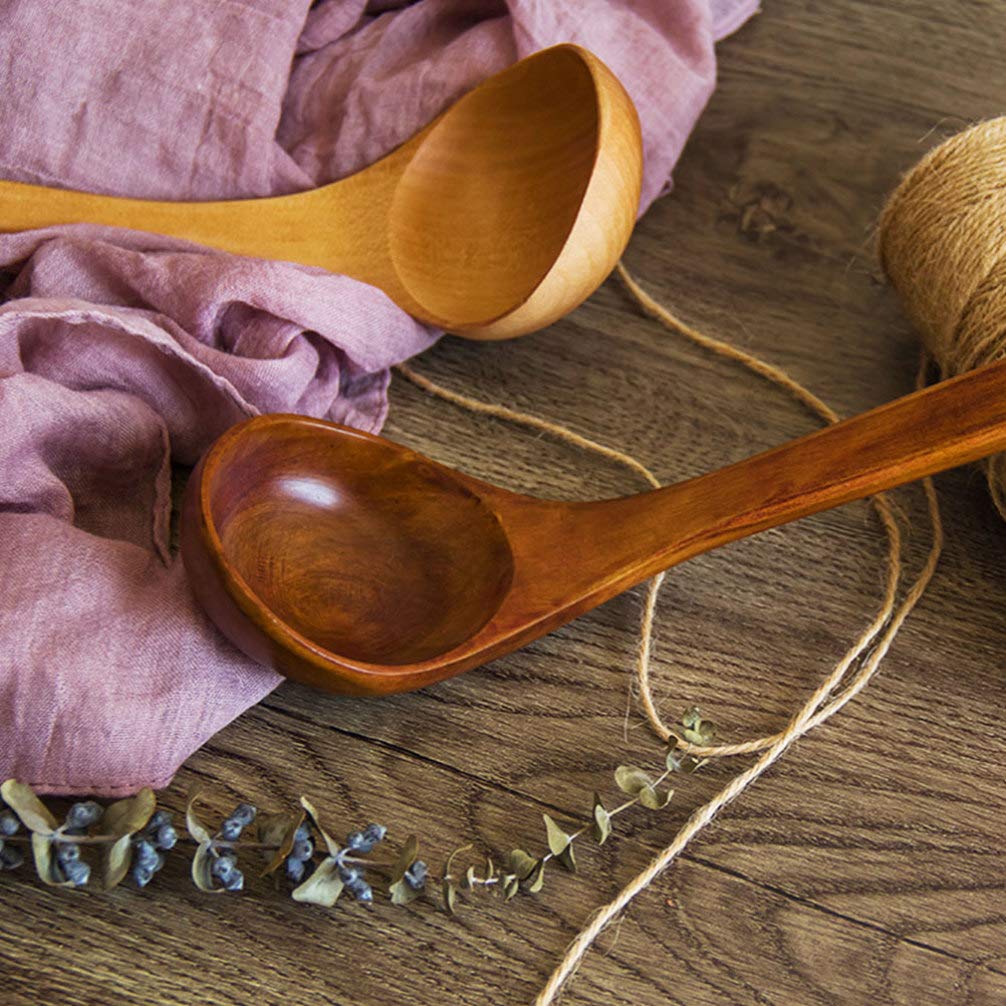2PCS Wooden Spoons Set - Long Handle Wooden Ladle & Scoop for Cooking, Serving, and Stirring - Japanese Style Kitchen Utensils - Perfect for Soup, Salad, Pasta & Baking - Eco-Friendly Wooden Flatware for Home & Restaurant Use