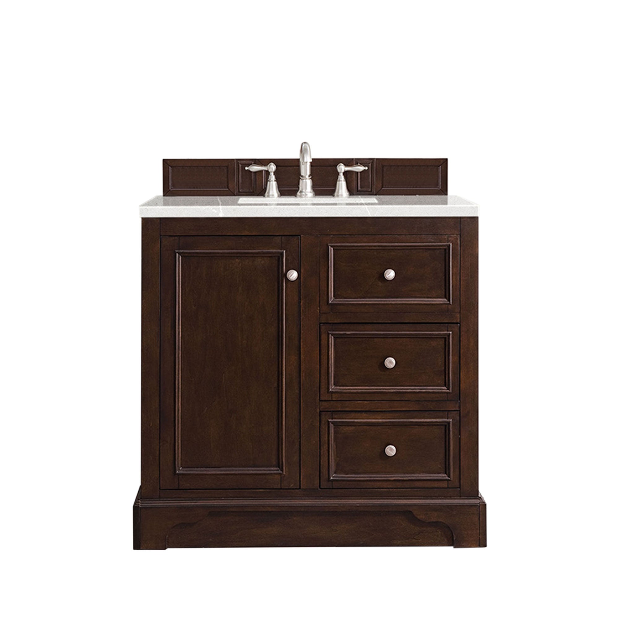 De Soto 36 Inch Single Bathroom Vanity Set with Burnished Mahogany Finish & 3CM Eternal Serena Quartz Countertop - Perfect for Modern Home Bathroom Renovation and Small Space Design