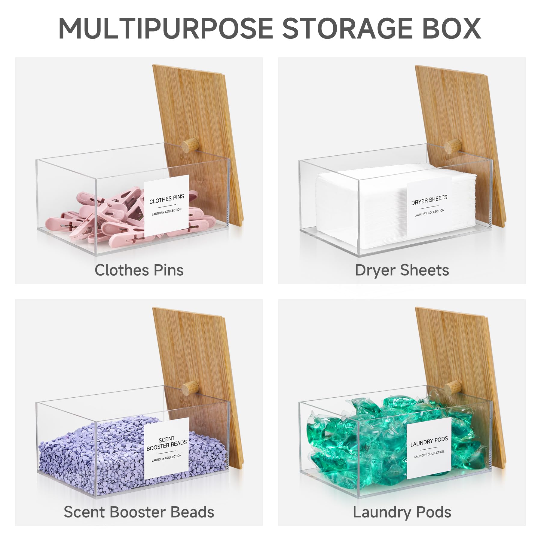 TIPGO Clear Acrylic Dryer Sheet Holder with Lid & 27 Labels - Laundry Pods Storage Container for Organized Laundry Room - Perfect for Home, Apartment & Laundry Room Organization