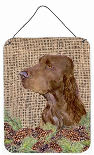Field Spaniel Dog Wall Art - 12x16 Aluminum Metal Sign with Faux Burlap & Pine Cones Design | Rustic Home Decor for Kitchen, Bathroom, Bar, Front Door | Durable Indoor/Outdoor Hanging Plaque for Pet Lovers & Country Style Homes