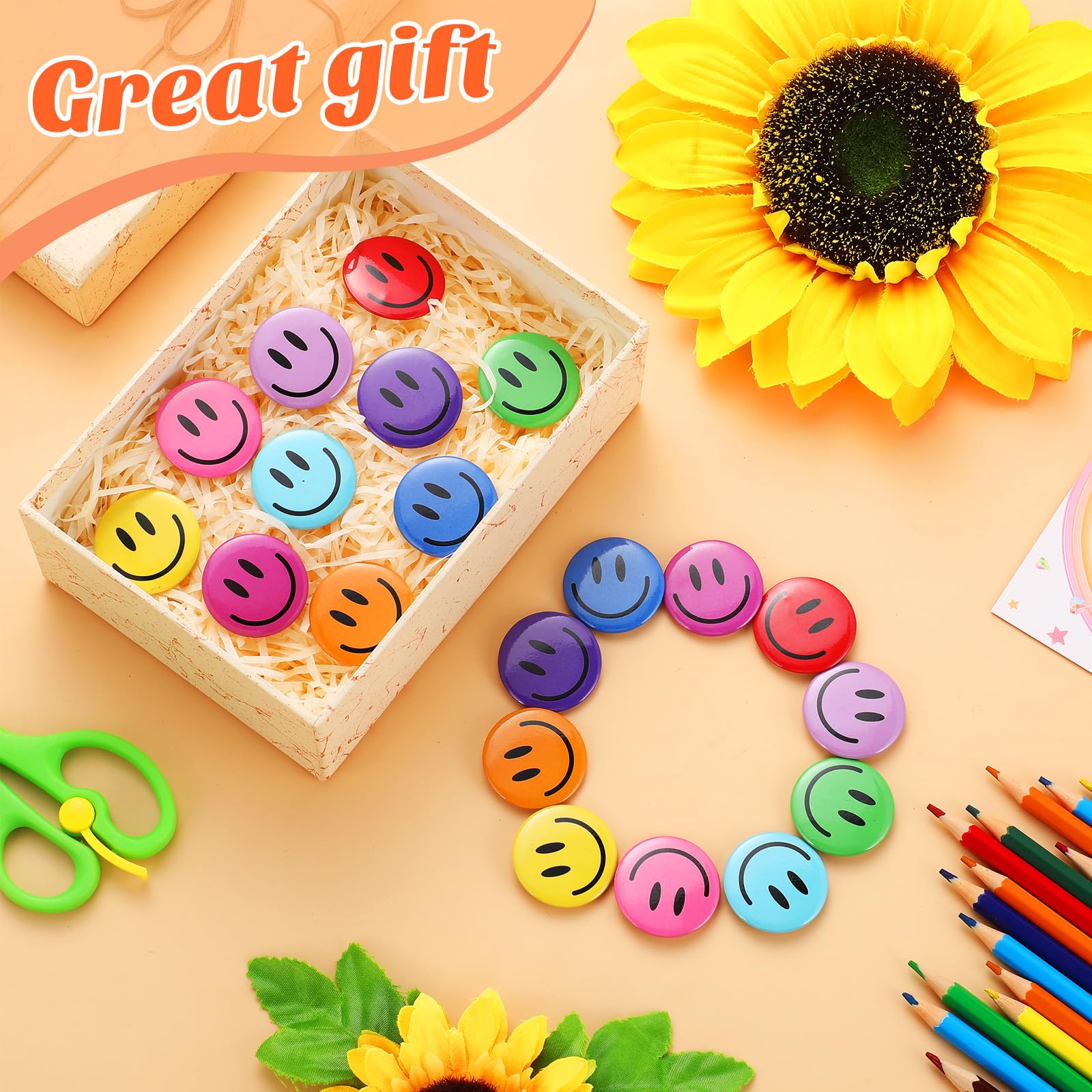 200 Pcs Happy Smile Face Button Pins - Retro Pinback Badges, 1.25 Inch Colorful Classic Smiley Pins for Backpacks, Jackets, Hats & DIY Crafts - Fun Novelty Accessories for Women & Teens