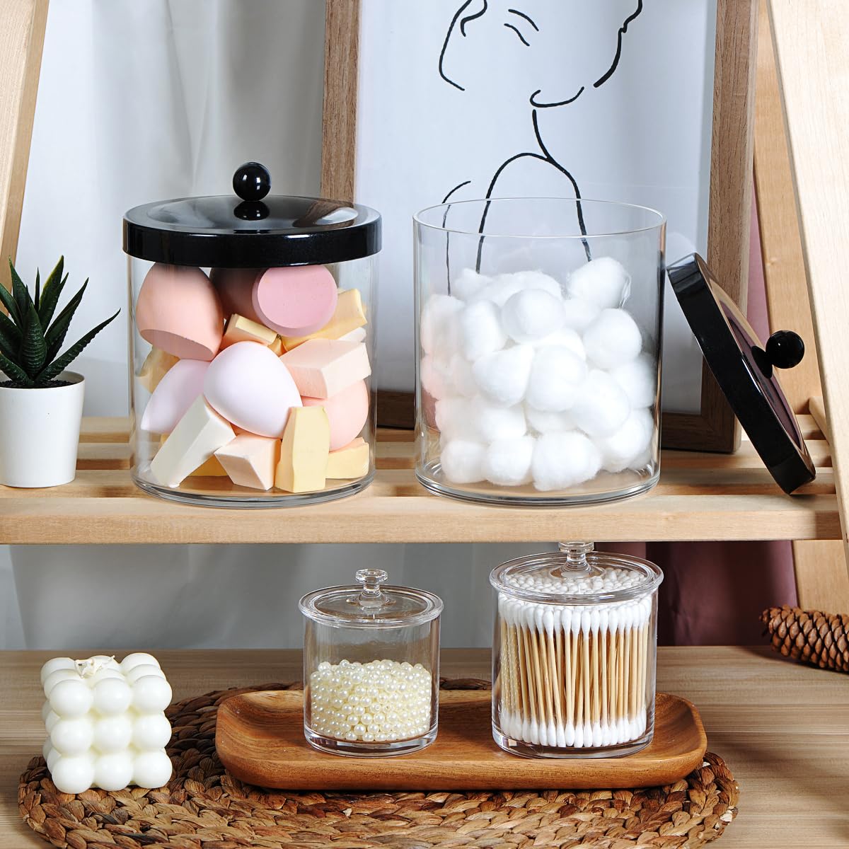 2 Pack 50oz Large Plastic Apothecary Jars with Lids - SheeChung Airtight Storage Containers for Laundry Pods, Bath Bombs, Snacks & Home Organization - Perfect for Bathroom Vanity, Kitchen Pantry & Laundry Room Storage (Black, Includes Measuring Spoon & Labels)