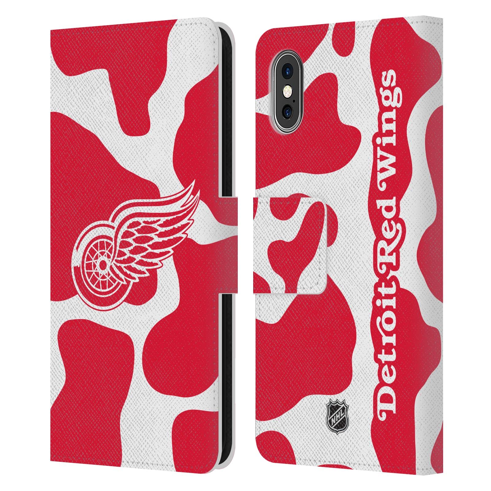 Officially Licensed NHL Detroit Red Wings Cow Pattern Leather Wallet Case for Apple iPhone X/Xs - Perfect for Hockey Fans & Game Day Accessories
