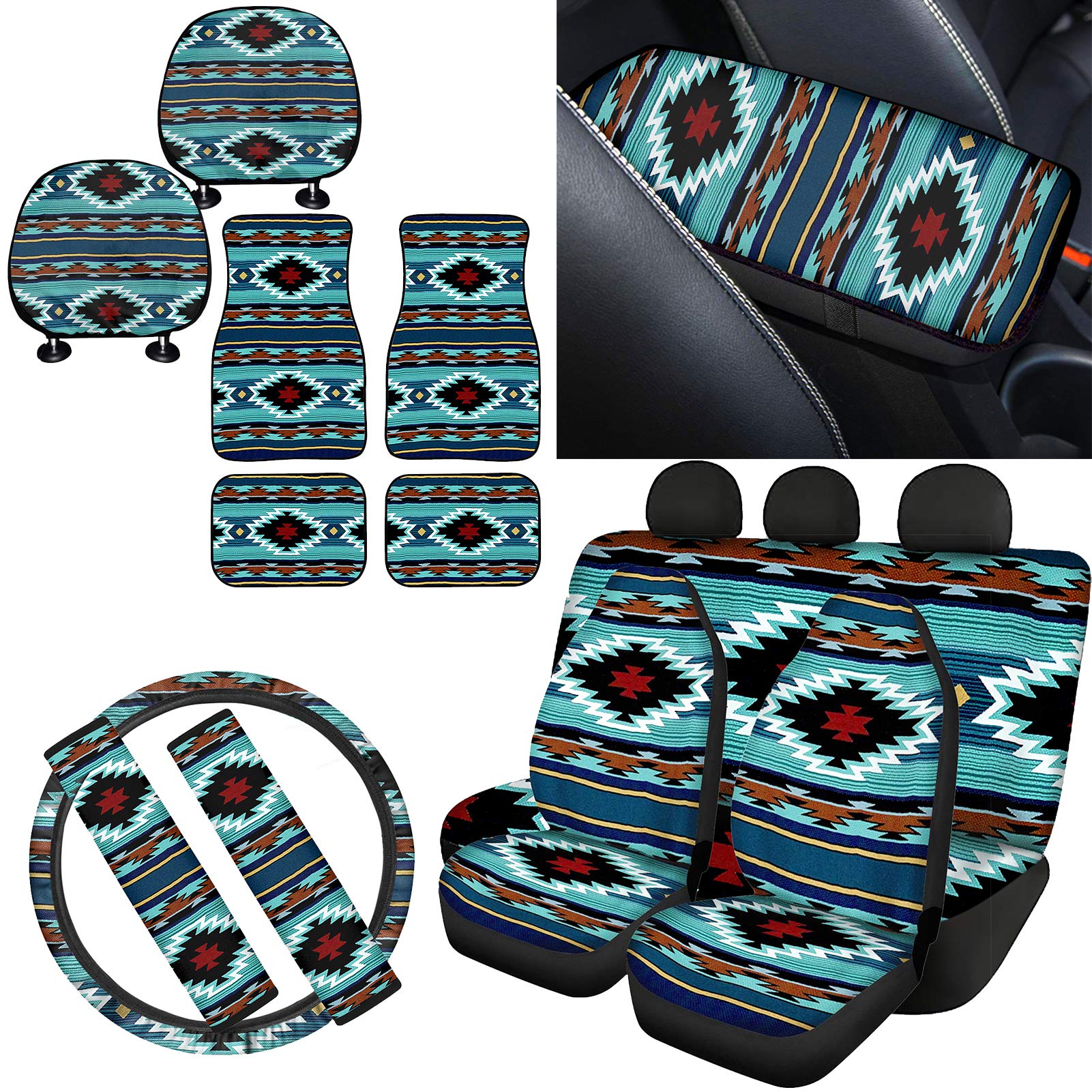 FKELYI Blue Aztec Car Seat Covers 13-Piece Set with Southwestern Tribal Steering Wheel Cover, Seat Belt Pads, Armrest Cover, Headrest Cushions & Floor Mats - Perfect for Jeep, Truck & SUV Interior Protection & Style Upgrade