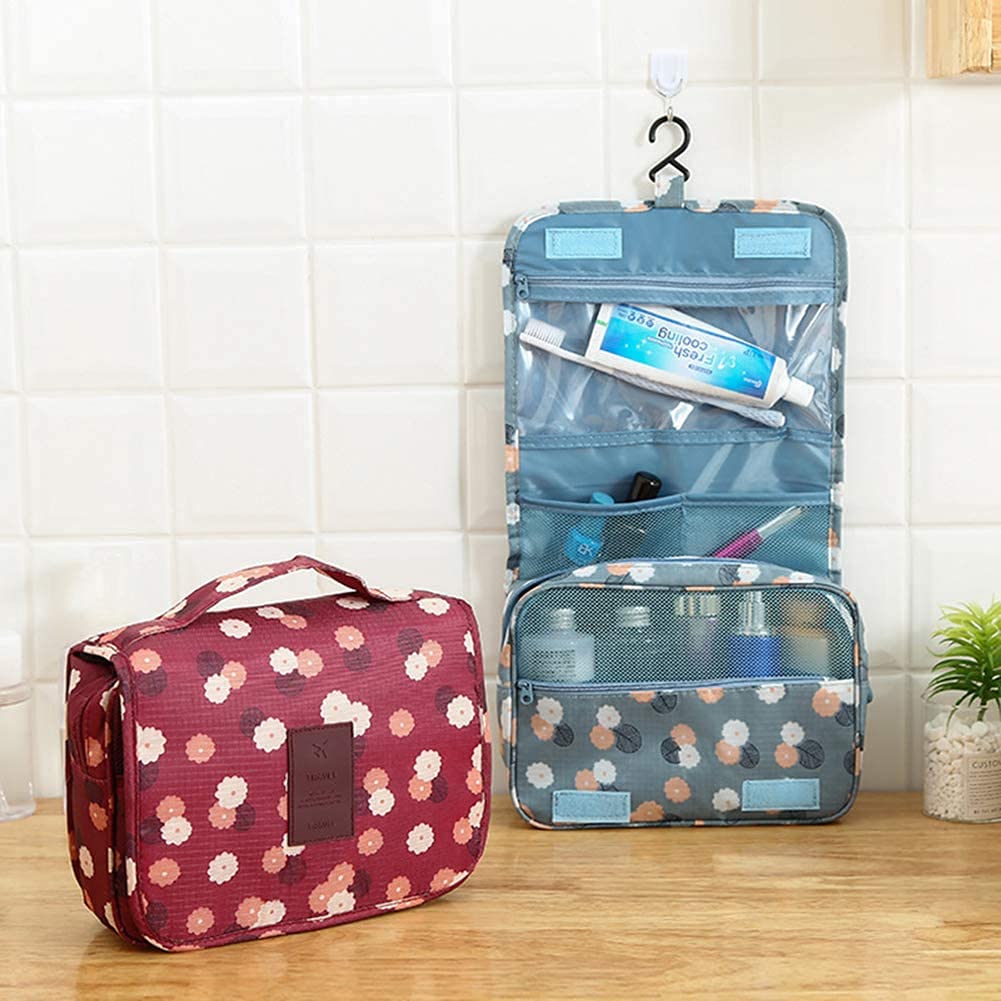 BESTOTTAM Hanging Travel Toiletry Bag - Waterproof Multi-Function Cosmetic Organizer for Women, Makeup Bag with Hook (Red Flower Pattern) - Perfect for Vacation, Business Trips & Gym Essentials
