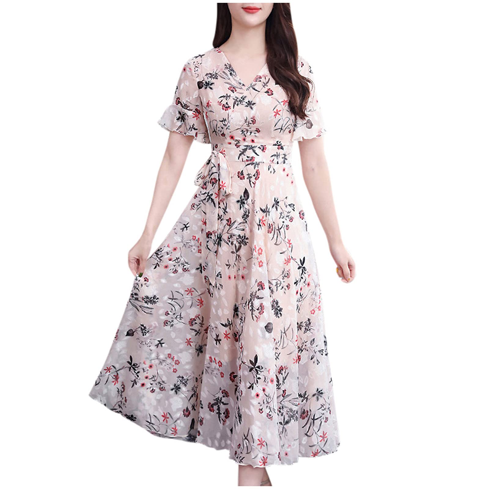 LINKIOM Women's Casual Floral Print V-Neck Short Sleeve Summer Dress - Perfect for Beach Vacation, Party & Daily Wear
