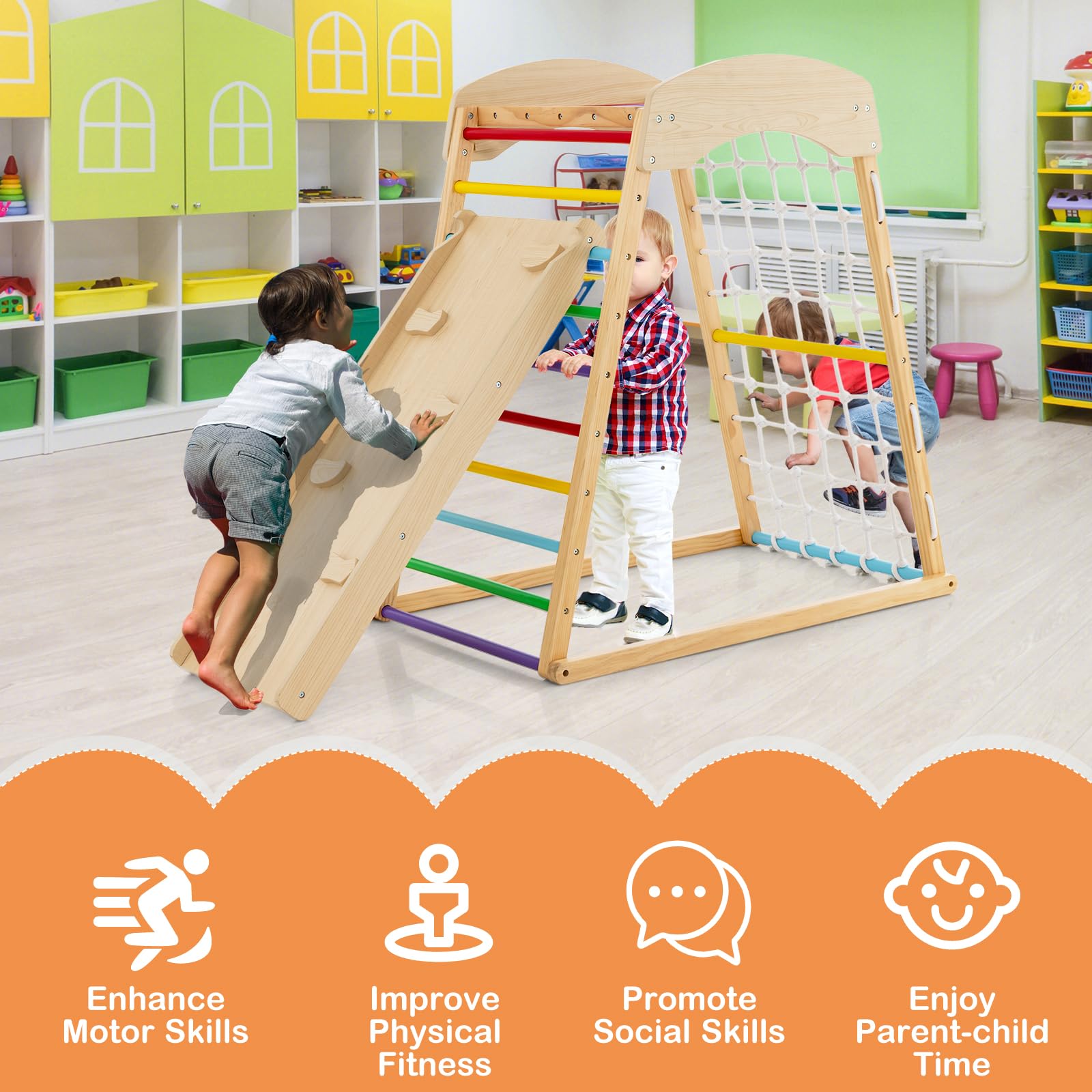 Costzon 6-in-1 Montessori Indoor Jungle Gym for Toddlers Ages 2-6 - Wooden Climbing Toys with Double-Sided Slide, Rock Wall & Net - Perfect for Home Playrooms, Daycares & Preschool Classrooms