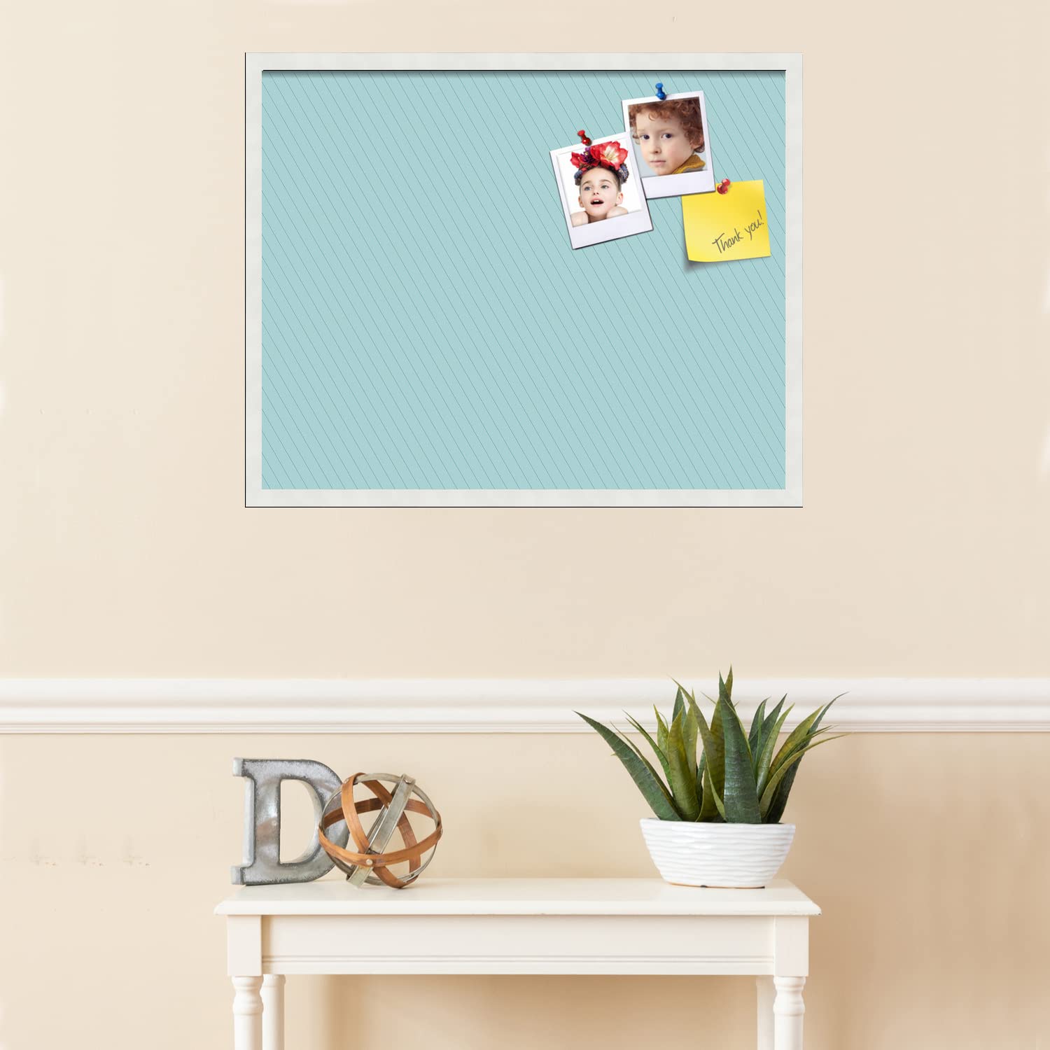 PinPix 30x24 Inch Cork Bulletin Board with Lux Stripes Aqua Design & Satin White Frame - Decorative Wall Pin Board for Home Office School Classroom Decor - Perfect for Notes, Photos, Reminders & Organization