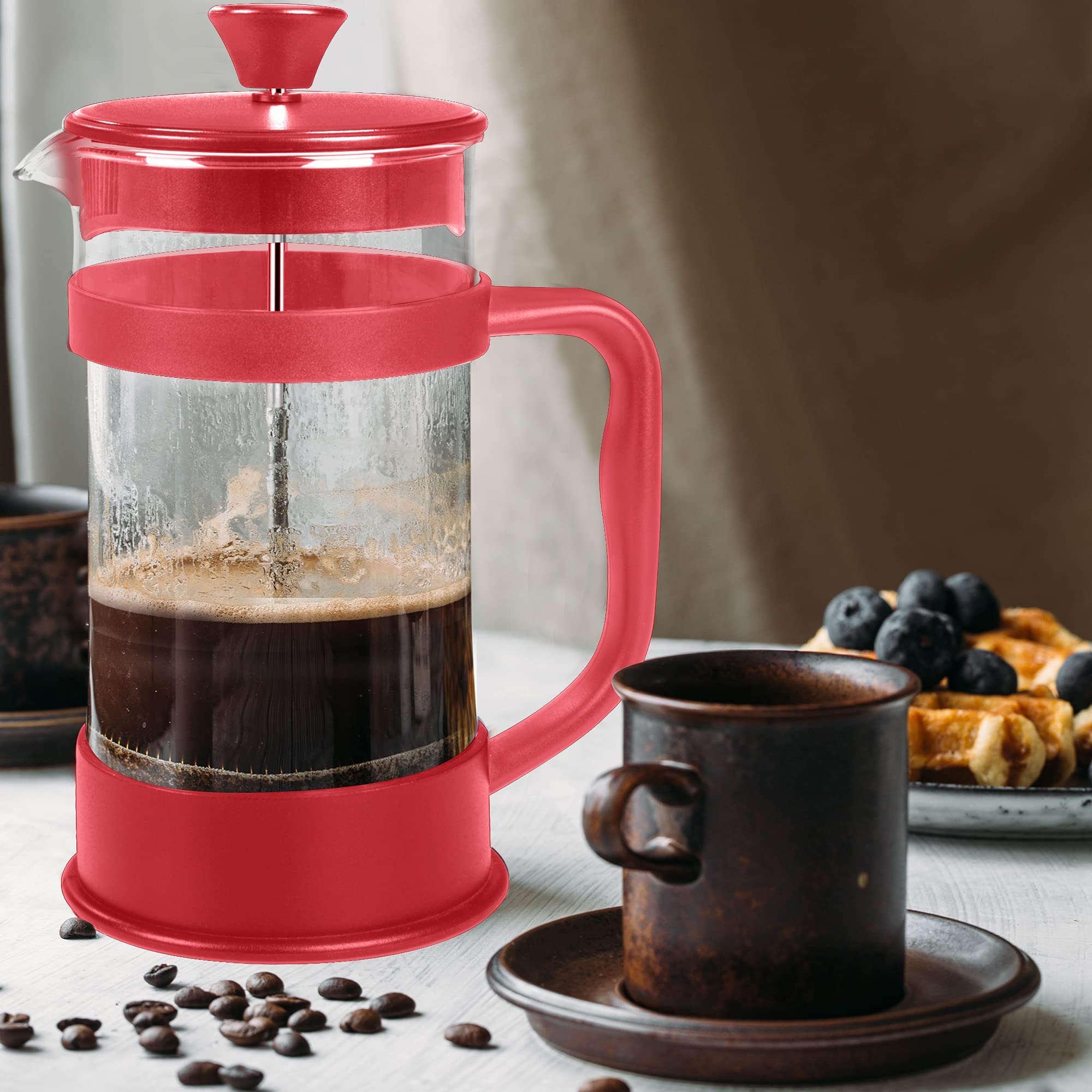Utopia Kitchen 34oz 1L French Press Coffee & Tea Maker - Stainless Steel Travel Coffee Press with Heat Resistant Borosilicate Glass - Perfect for Camping, Office, Home Use & Gifts (Red, Single Pack)