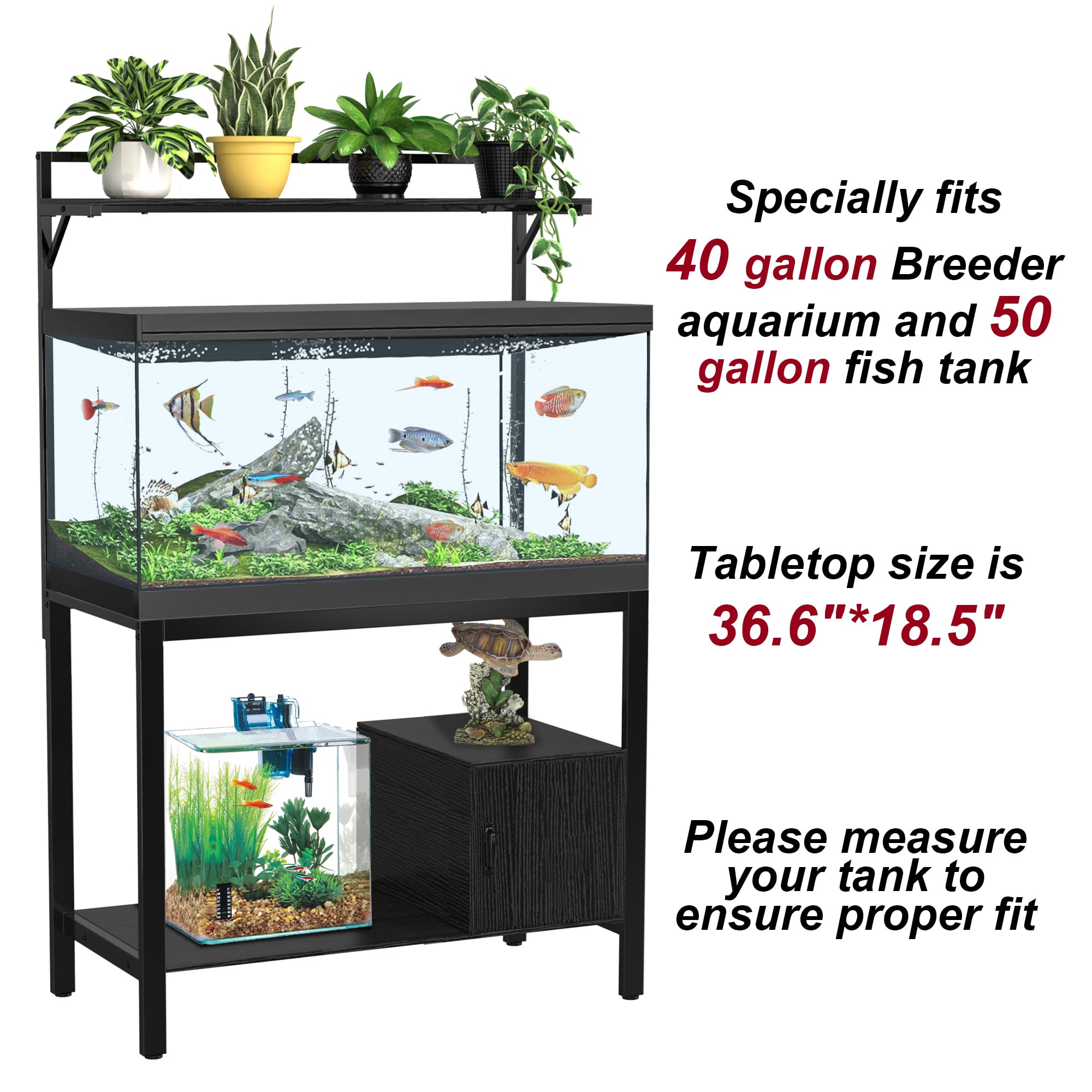 40-50 Gallon Fish Tank Stand with Plant Shelf & Storage - Heavy Duty Metal Aquarium Stand for Reptile Terrariums, Turtle Tanks (36.6