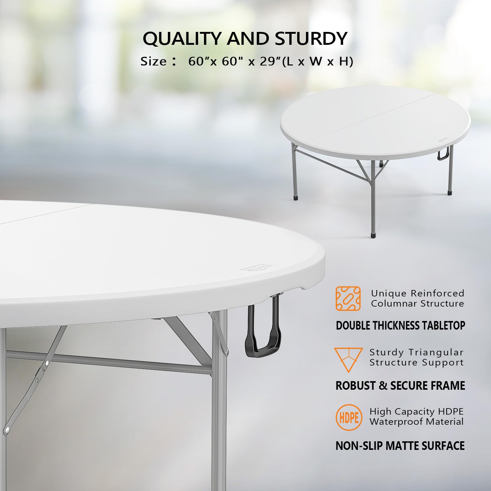 VINGLI 48 Inch Round Bi-Folding Commercial Table - 4 Feet Portable Plastic Folding Dining Card Table for Kitchen, Outdoor, Party, Wedding, Events - 2 Pack - Perfect for Catering, Banquets, Picnics, and Backyard Gatherings
