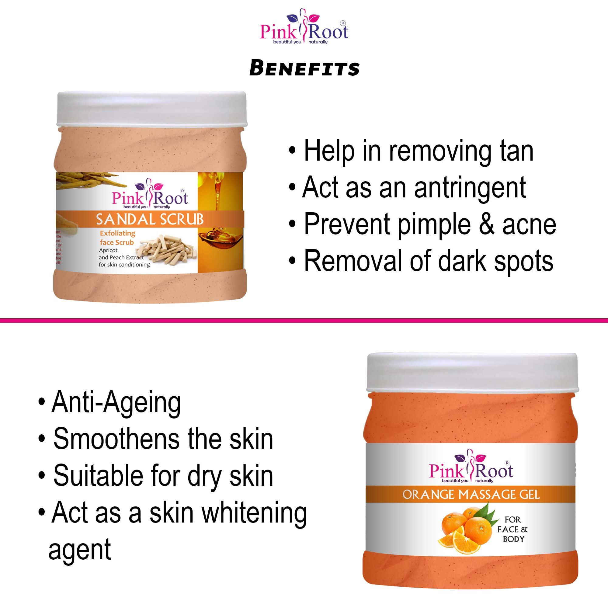 Pink Root Orange Massage Gel & Sandal Scrub Set - 500ml Each - Natural Aromatherapy for Relaxation & Exfoliation - Perfect for Spa, Home Massage & Skin Care