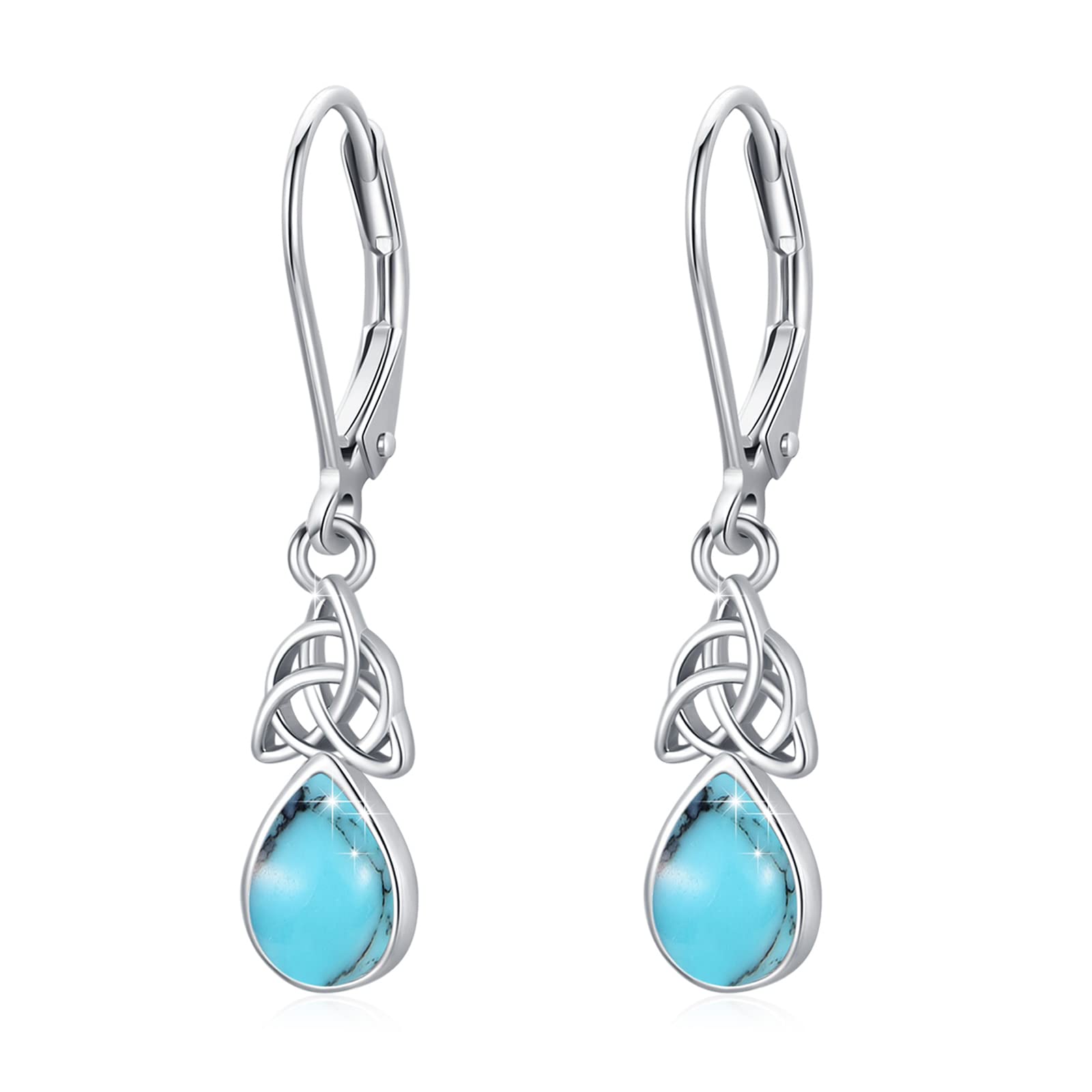 925 Sterling Silver Celtic Knot Leverback Teardrop Earrings for Women - Moonstone/Turquoise/CZ Birthstone Trinity Irish Jewelry | Perfect for St. Patrick's Day, Irish Weddings & Celtic-Themed Gifts