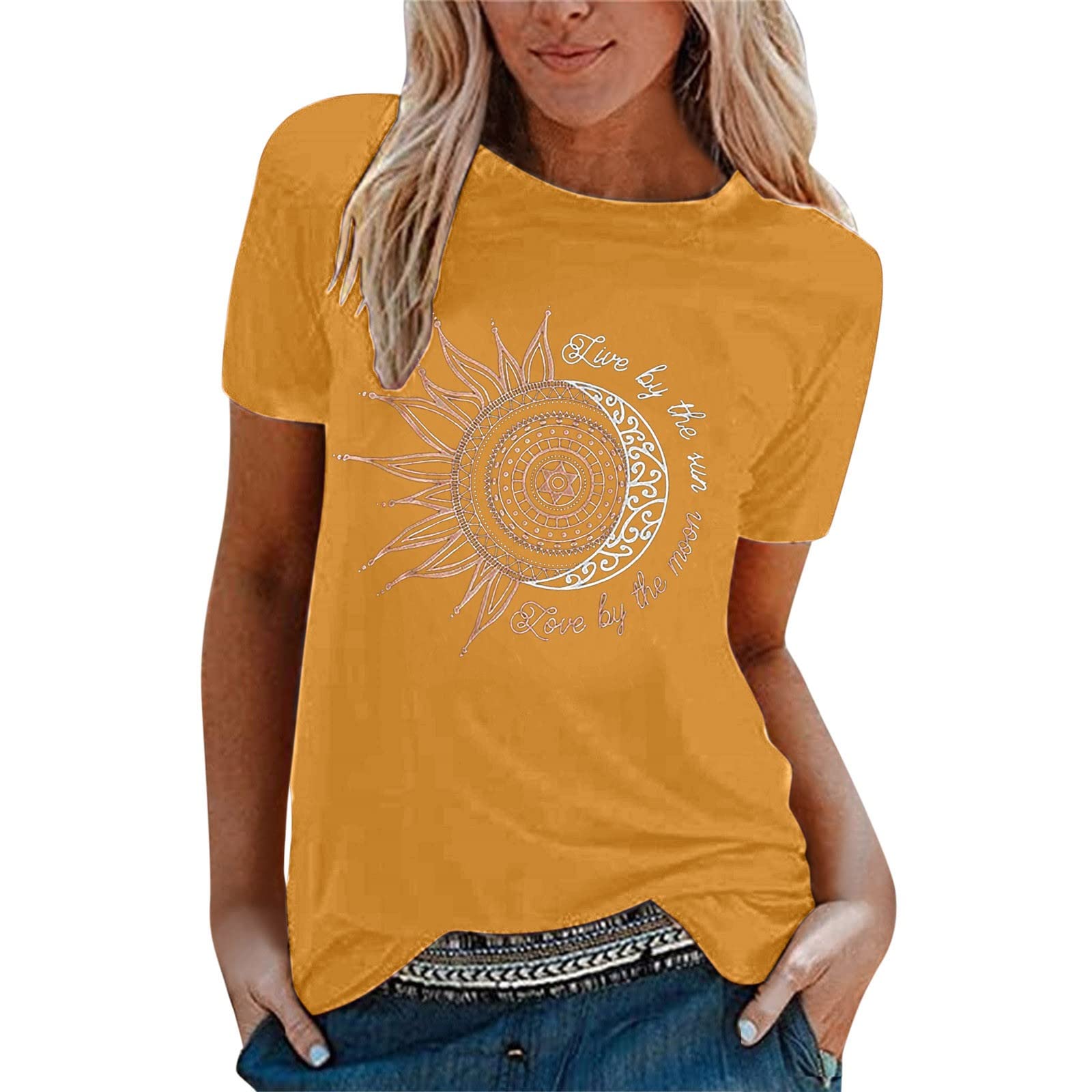 Women's Long Sleeve Casual Tops - Sun & Moon Print Performance Tee Shirts for Everyday Wear, Workout & Outdoor Activities