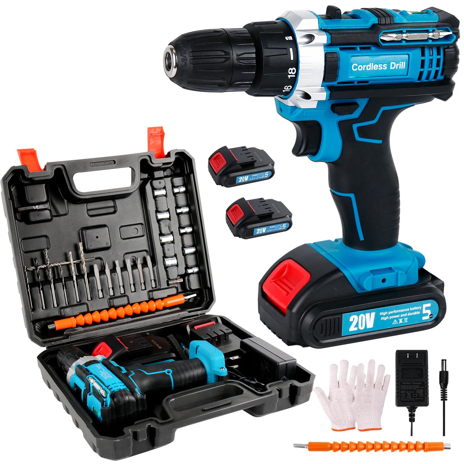 20V Cordless Drill with 2 Batteries & Charger - Electric Power Drill with LED Light & Variable Speed - Perfect for DIY Projects, Home Repairs, and Professional Construction Work