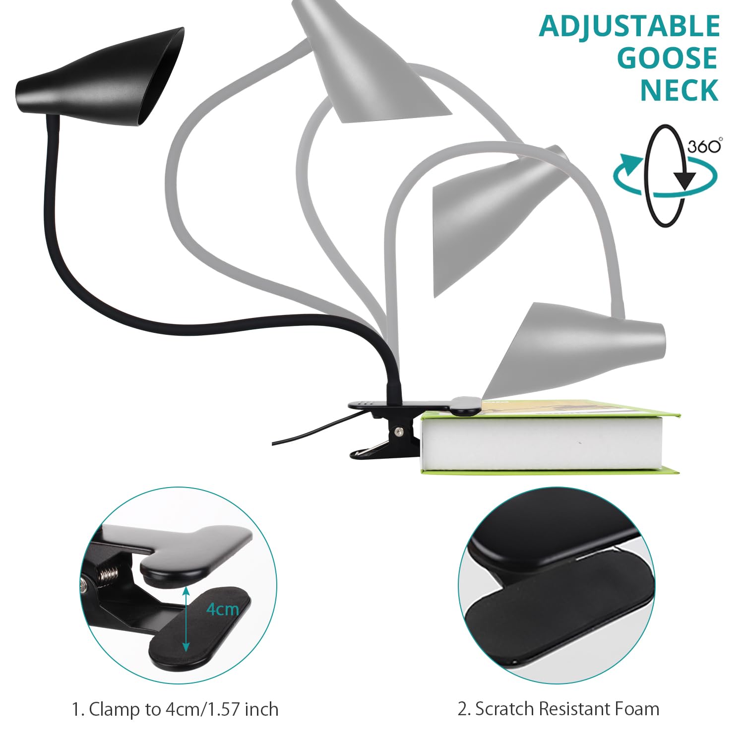 Semlos 38 LED Clip On USB Desk Lamp - Adjustable Gooseneck Reading Light with 3 Color Modes & 10 Brightness Levels for Bedroom, Office, Study - Auto Off Feature for Nighttime Use