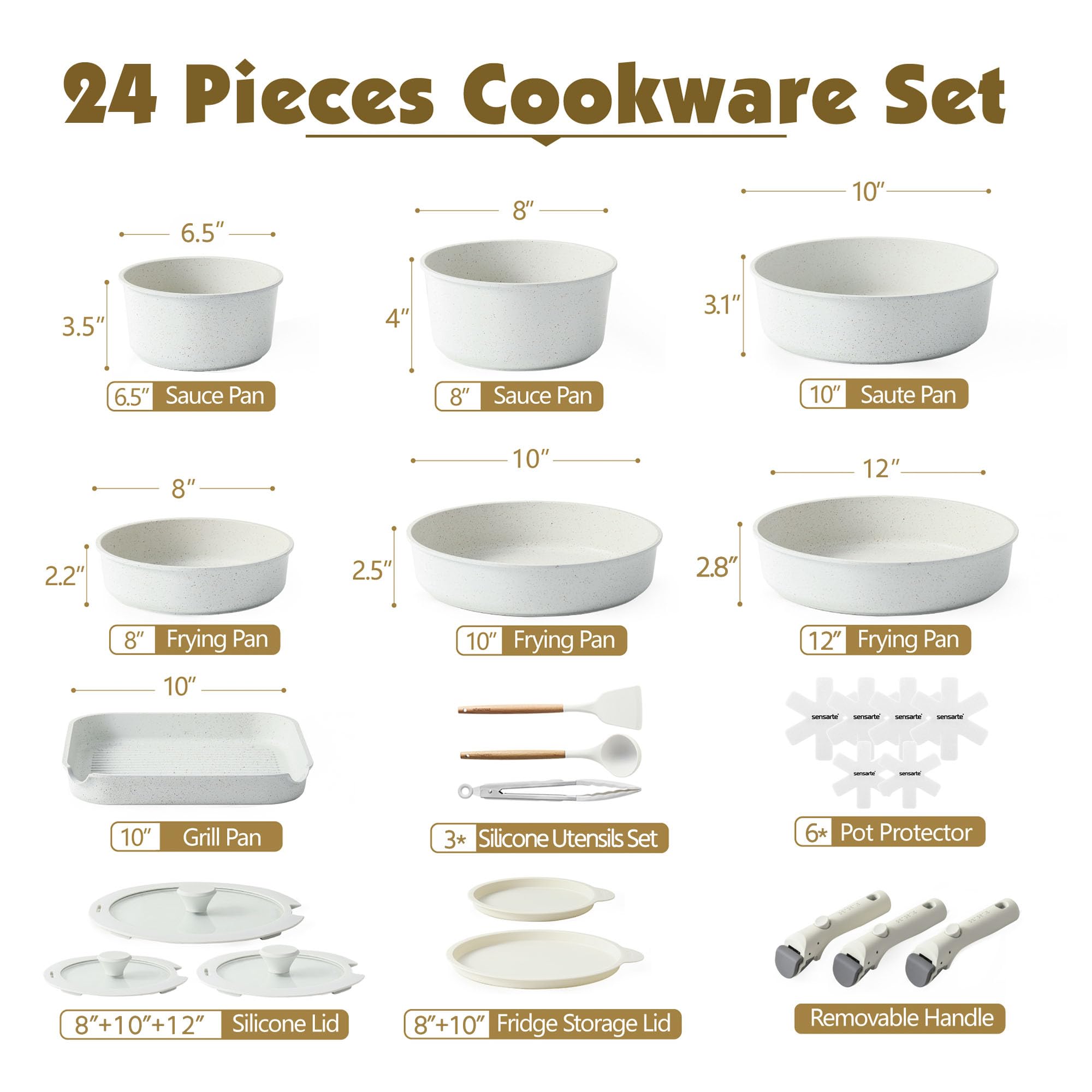 SENSARTE 24-Piece Nonstick Cookware Set with Detachable Handles - Induction Compatible Pots and Pans, PFOA-Free, Dishwasher & Oven Safe - Perfect for RV, Camping & Small Kitchen Cooking (White)