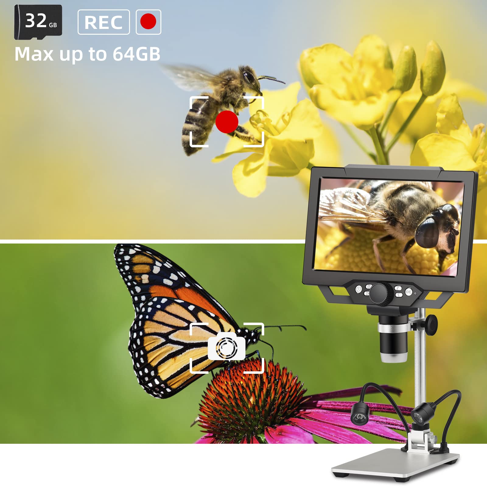 Koolertron 9-inch LCD Digital Microscope - 12MP 1600x Magnification, 1080P HD Resolution, 32GB TF Card & 5000mAh Rechargeable Battery, 10-inch Adjustable Stand with LED Side Lights for Coin Collecting, Jewelry Appraisal, PCB Repair, Plant & Rock Analysis - Perfect for Hobbyists, Scientists & Educators