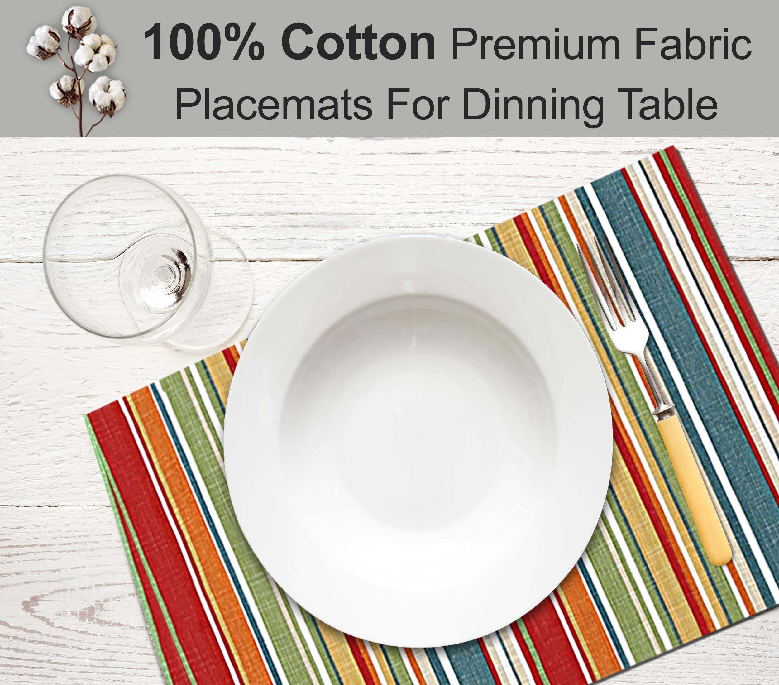 Premium Ruvanti 100% Cotton Placemats Set of 6 - 13x19 Inch Washable Dining Table Mats for Everyday Use, Holiday Dinners & Kitchen Decor | Multi-Stripe Design for Christmas, Thanksgiving & Family Gatherings