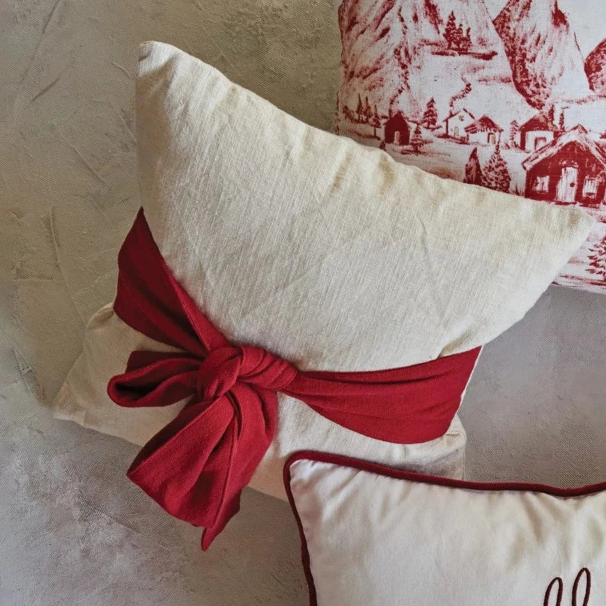 Hand Woven Cotton Slub Pillow with Red Bow - Boho Decorative Throw Pillow for Sofa, Bed & Home Decor - Perfect for Living Room, Bedroom & Nursery