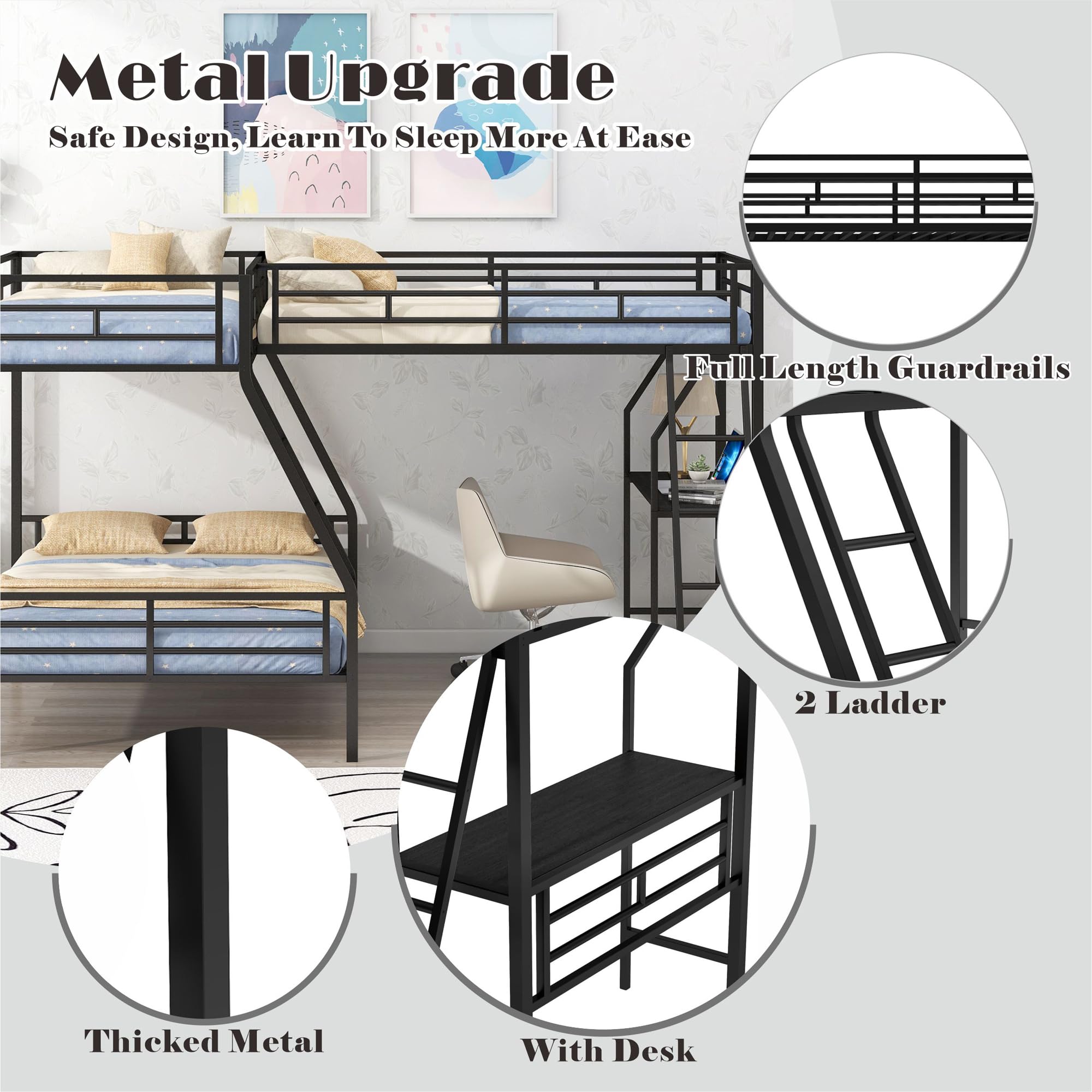 SOFTSEA Triple Bunk Bed with Desk - Twin Over Twin Over Full Metal Loft Bed for 3 Kids, Space-Saving L-Shaped Design with Ladder, No Box Spring Needed - Perfect for Small Bedrooms, Kids' Rooms & Shared Spaces