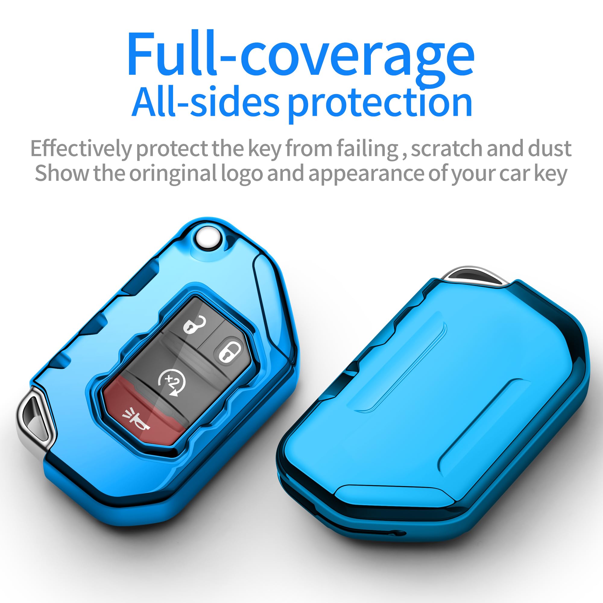 Premium Soft Full Protection Key Fob Cover for Jeep Wrangler JL/JLU & Gladiator JT (2018-2023) - Compatible with Sahara, Rubicon Models - Durable Key Shell Case (Blue) - Perfect for Off-Road Adventures & Daily Protection