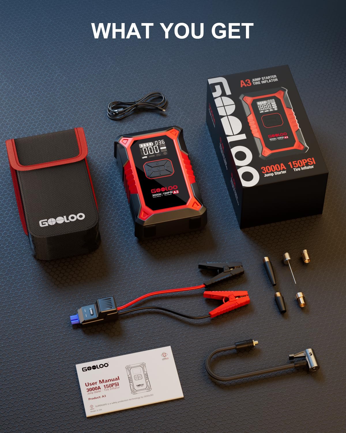 GOOLOO A3 3000A Portable Car Jump Starter with 150PSI Air Compressor - 12V Lithium Battery Booster for Gas (9.0L) & Diesel (6.5L) Engines | Emergency Vehicle Jump Start & Tire Inflation Kit for Roadside Assistance & Camping Trips