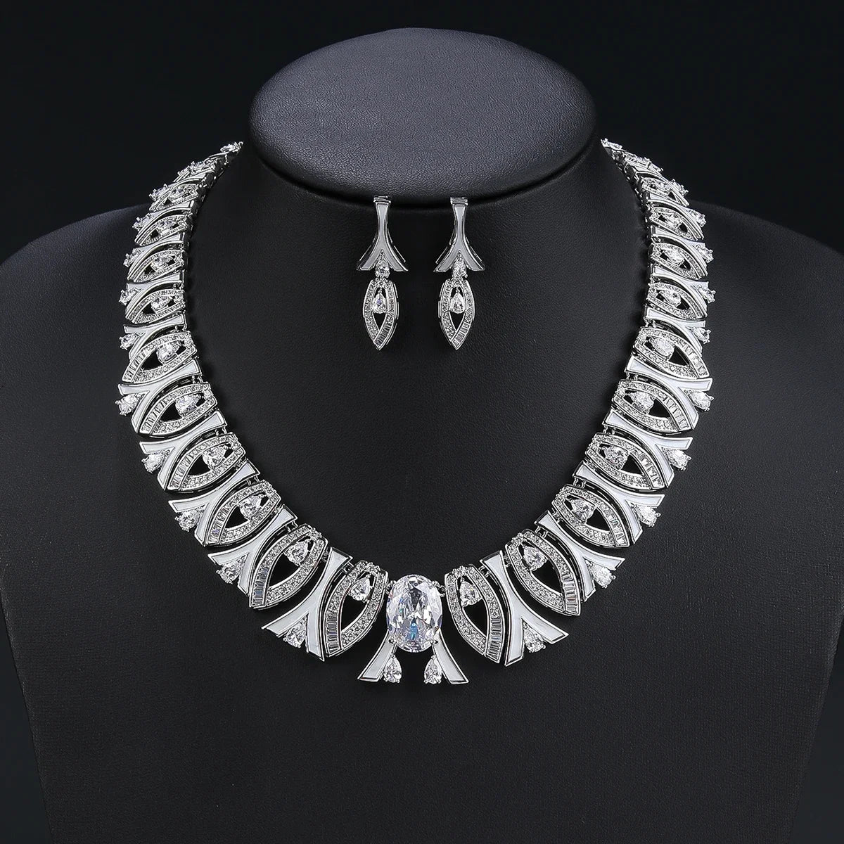 Elegant Cubic Zirconia & Enamel Jewelry Set for Women - Wedding, Bridal, Party Accessories - White Zirconia Necklace & Earrings Set CN11269 | Perfect for Bridal Shower, Anniversary Gift, and Special Occasions