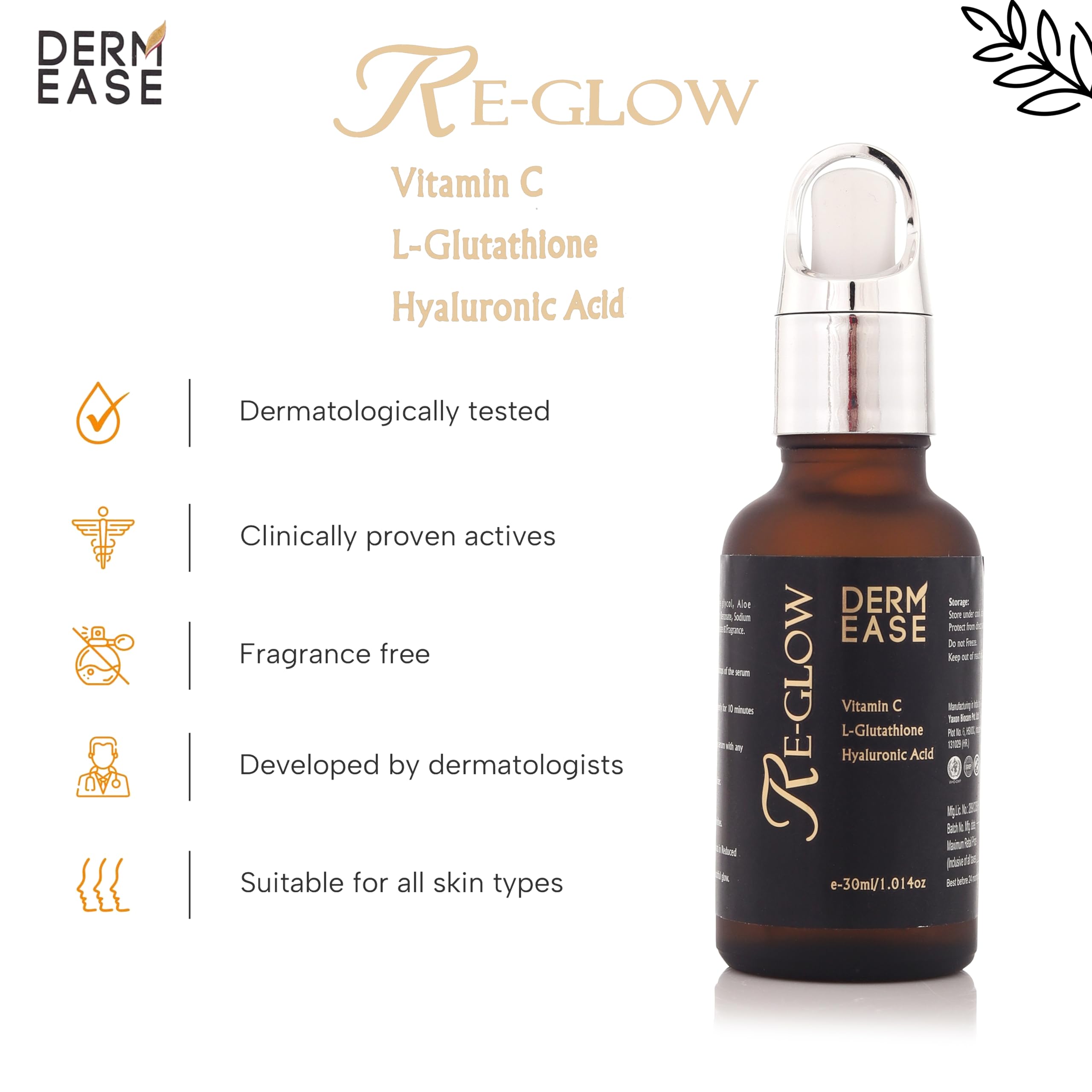 Derm Ease Re Glow Anti-Aging Face Serum - Reduces Wrinkles & Blemishes, Soothes Sunburn for Radiant Skin - 30ml - Perfect for Night Routine & Travel Skincare