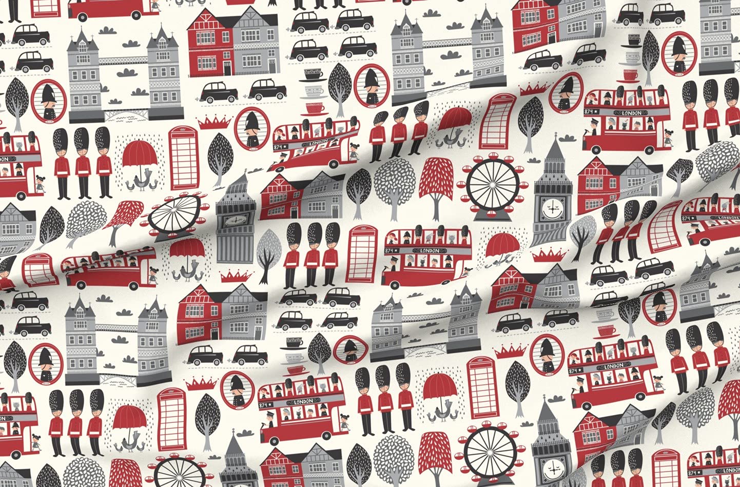 London British Bus Printed Velvet Fabric by The Yard - England Themed Upholstery & Home Decor Fabric for Sofa, Curtains, Pillows & Apparel | Spoonflower Premium Fabric
