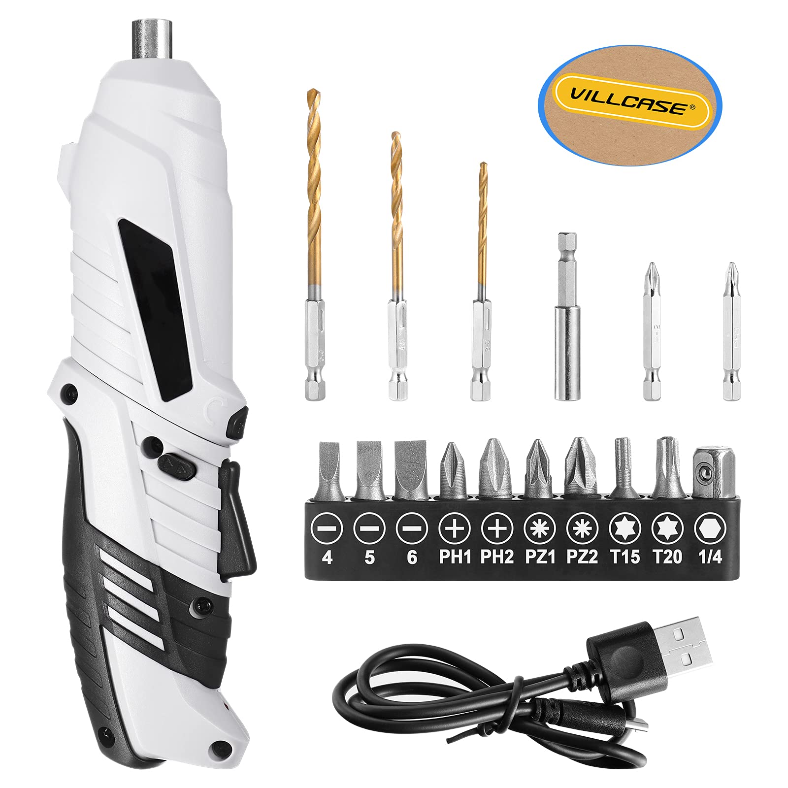 10Pcs Cordless Drill Driver Kit with Rechargeable Electric Screwdriver & Twist Drill Bits - Perfect for Home DIY, Office Repairs & Workshop Projects (Black/White)