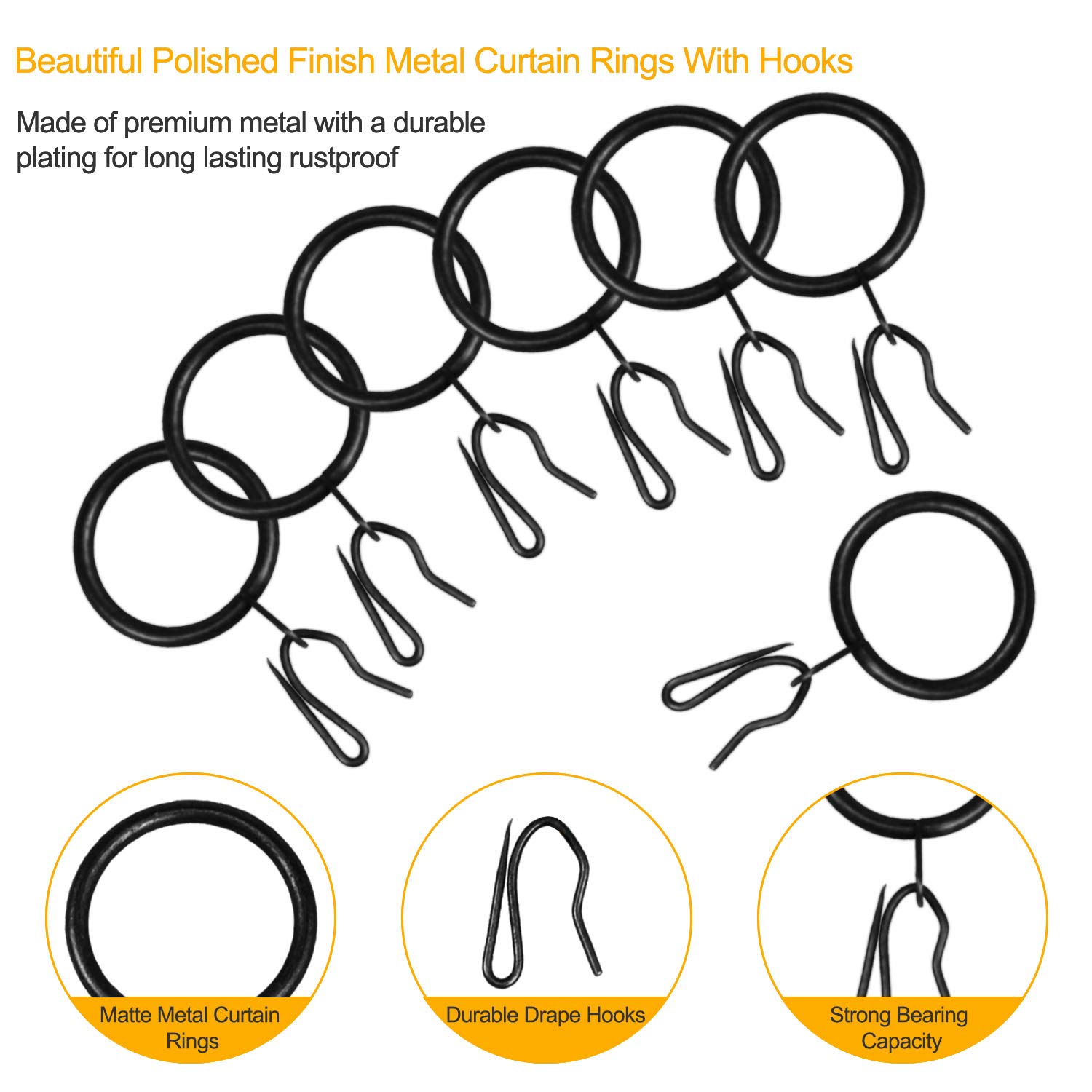 60 Pcs Black Metal Curtain Rings with Eyelet & Drapery Hooks - 30mm Inner Diameter for Drapes, Sheer Curtains & Valances - Perfect for Home Decor & Window Treatments