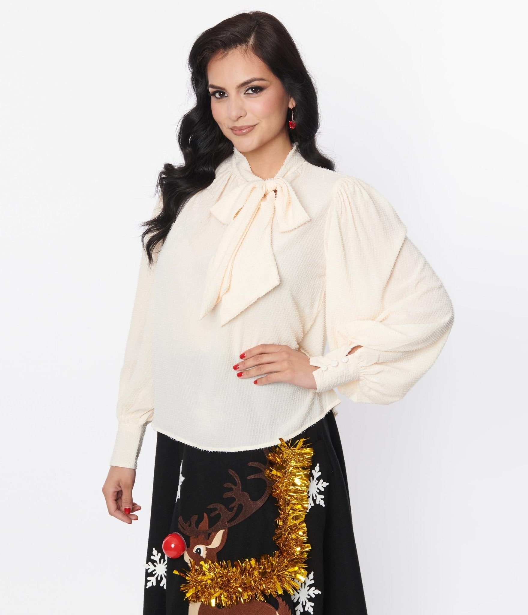 Vintage 1940s Ivory Clip Dot Long Sleeve Bow Blouse - Retro Women's Fashion Top for Office, Party & Special Occasions