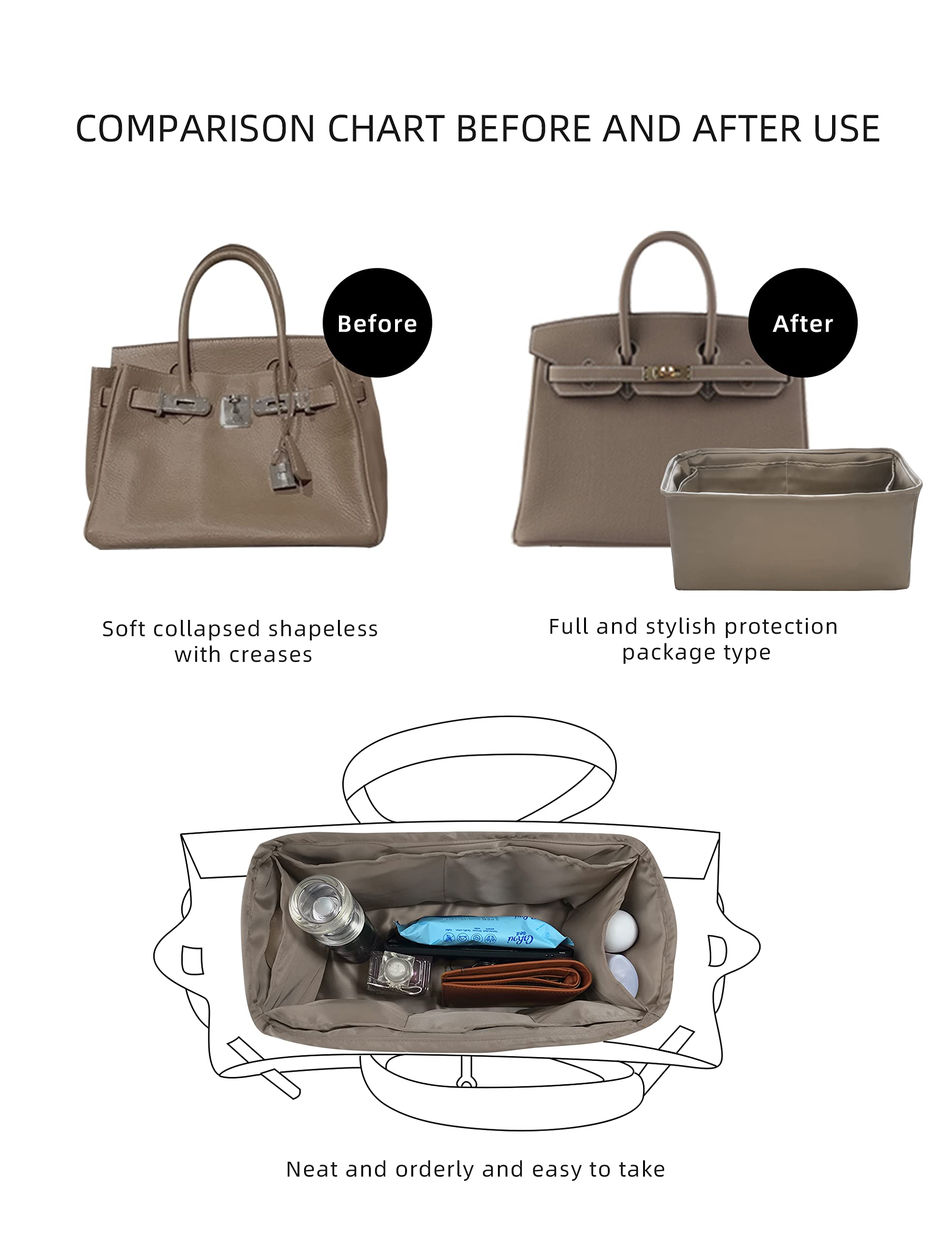 Premium DGAZ Purse Organizer in Etoupe Grey & Purse Pillow Shaper in White - Perfect Fit for Birkin 25 | Luxury Silk Handbag Insert for Organization & Shape Protection | Ideal for Designer Bag Storage & Travel