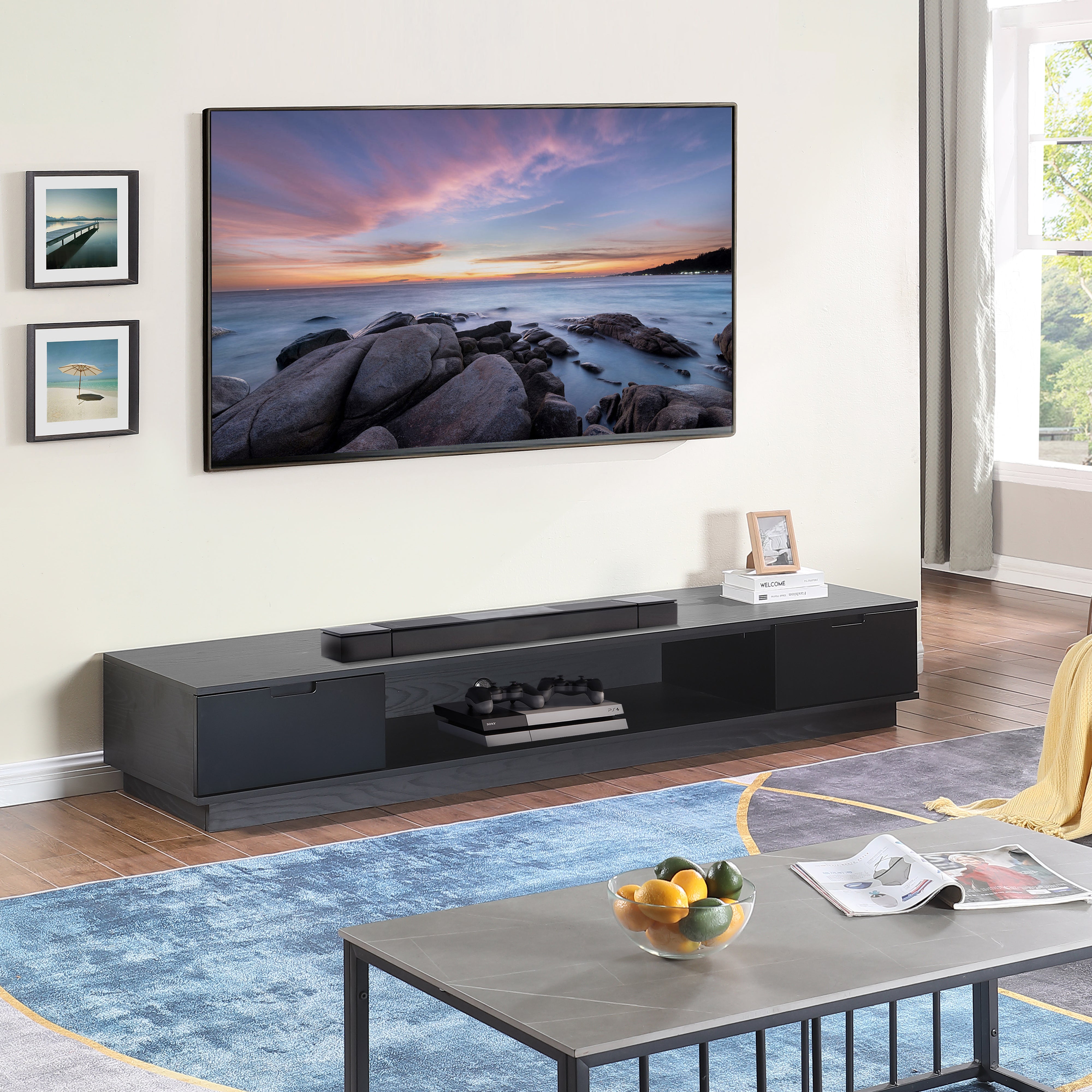 Tauris Rio 2200mm Black Oak Low Line TV Stand - Modern Entertainment Center & Media Cabinet for Living Room, Home Theater, and Gaming Setup