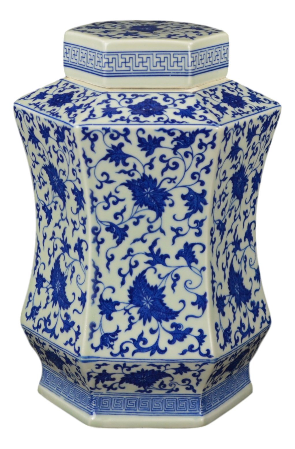 Antique Blue and White Porcelain Hexagonal Jar Vase - Qing Dynasty Style Floral Food Storage Container from Jingdezhen (D20) - Perfect for Home Decor, Kitchen Storage & Chinese Tea Ceremony