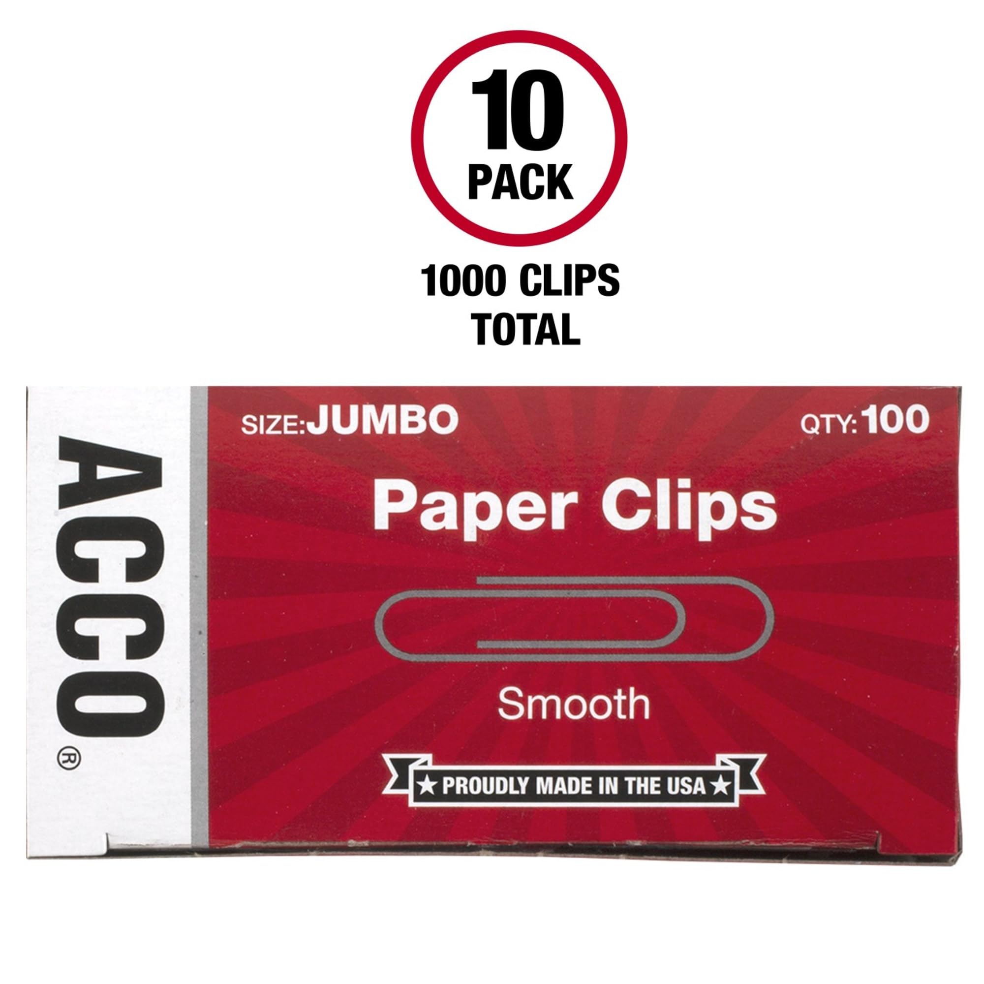 ACCO Jumbo Smooth Paper Clips - 100 Clips per Box (72580) - Perfect for Office, School & Home Organization