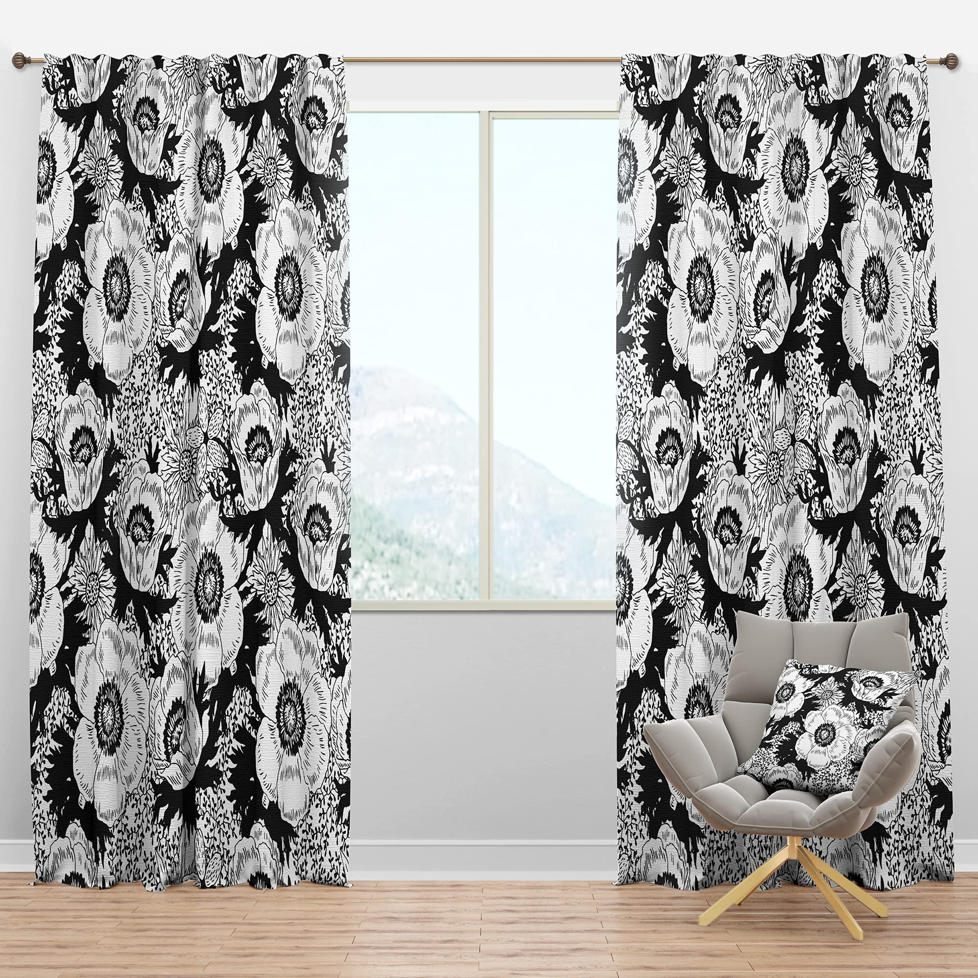 Blackout Curtains Retro Monochrome Floral Print - Thermal Insulated Room Darkening Drapes for Bedroom & Living Room - Single Panel 52x108 Inches - Perfect for Home Theater, Nursery & Light Sleepers