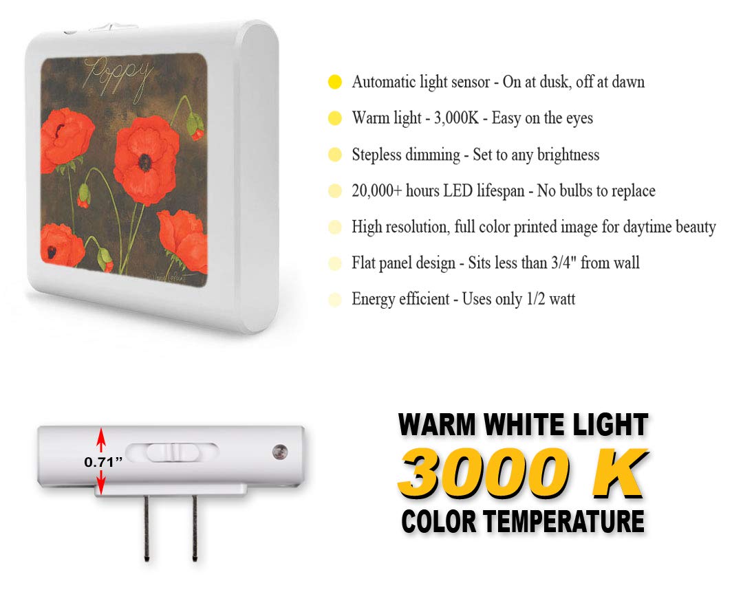 Dimmable LED Night Light with Auto On/Off Sensor - Adjustable Brightness, Warm White Light for Nursery, Bedroom, Bathroom & Hallway | Poppy Floral Design | Energy-Efficient Plug-in Nightlight for Kids, Adults & Seniors (Perfect for Nighttime Safety & Comfort)