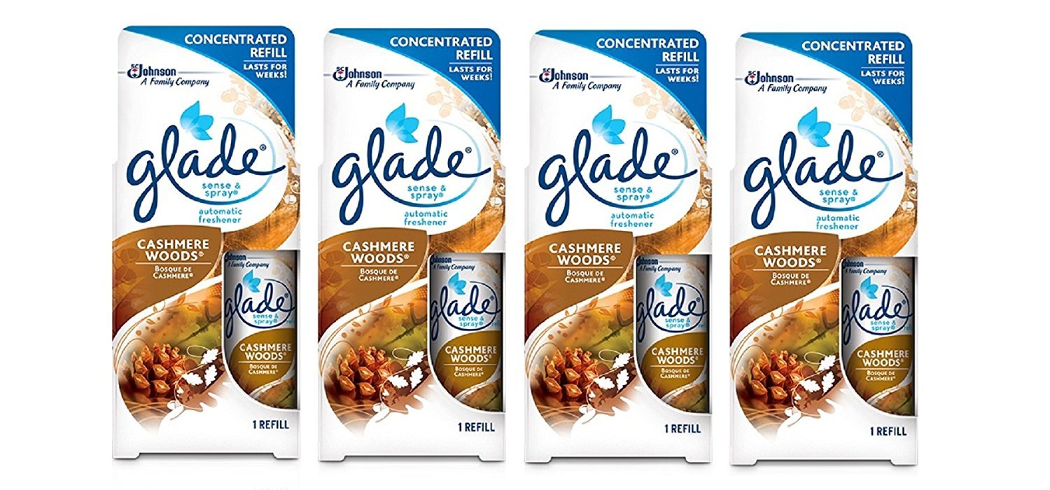 Glade Sense & Spray Automatic Air Freshener Refill - Cashmere Woods Scent, 4 Pack (0.43 oz Each) | Long-Lasting Fragrance for Home, Office & Car | Essential Oil Based Odor Eliminator for Weeks of Freshness