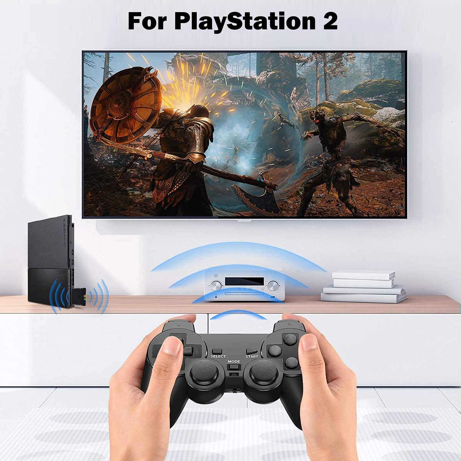 Wireless PS2 Controller with Dual Vibration - 2.4G Gamepad Joystick Compatible with Playstation 2 Console - Includes Wireless Receiver (2 Pack, Clear Blue & Clear Red) - Perfect for Gaming Nights & Multiplayer Sessions