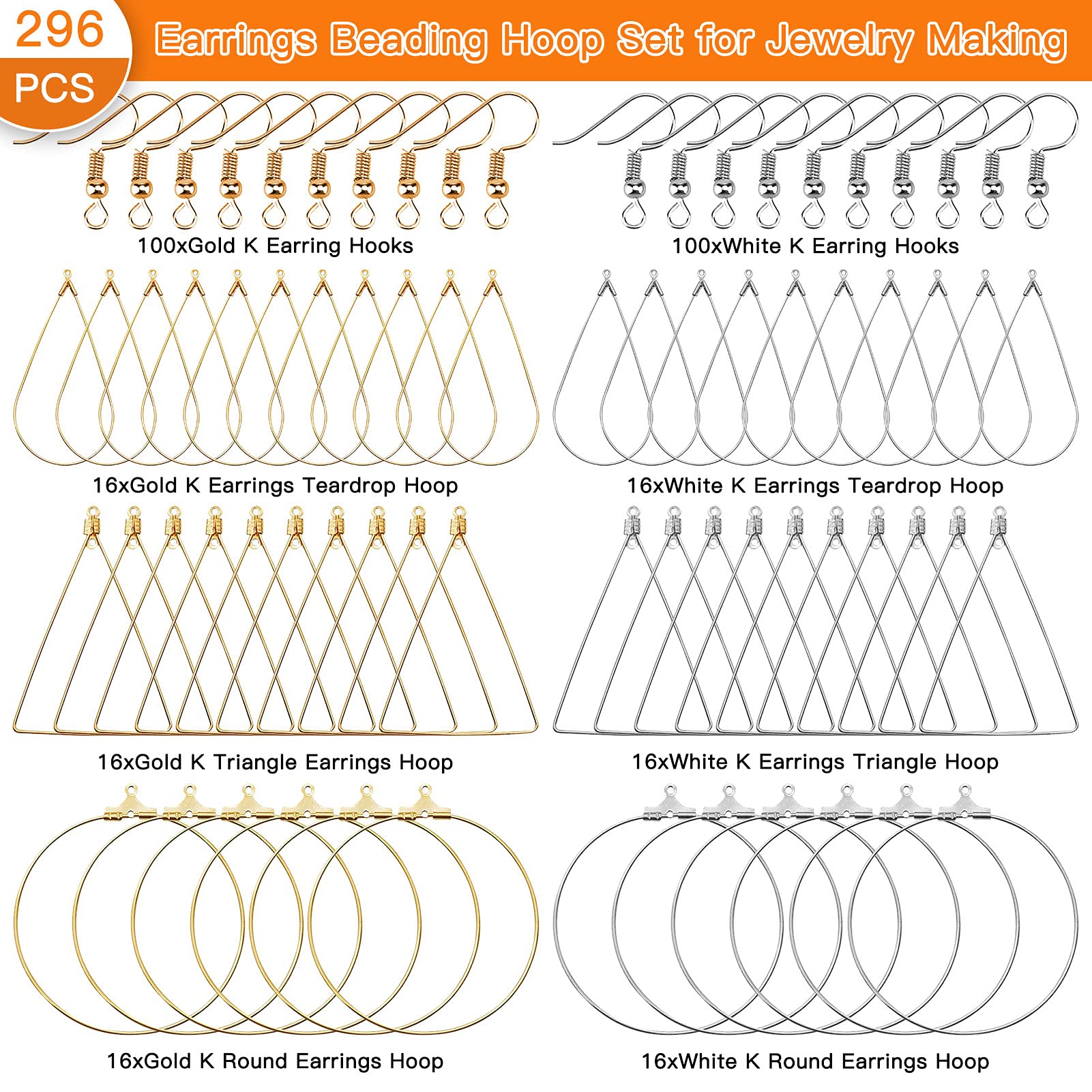 96Pcs Earring Hoop Set for Jewelry Making - Triangle, Teardrop & Round Beading Hoops with 200Pcs Ear Wires - DIY Craft Earring Supplies for Women, Gift Making & Handmade Jewelry Business