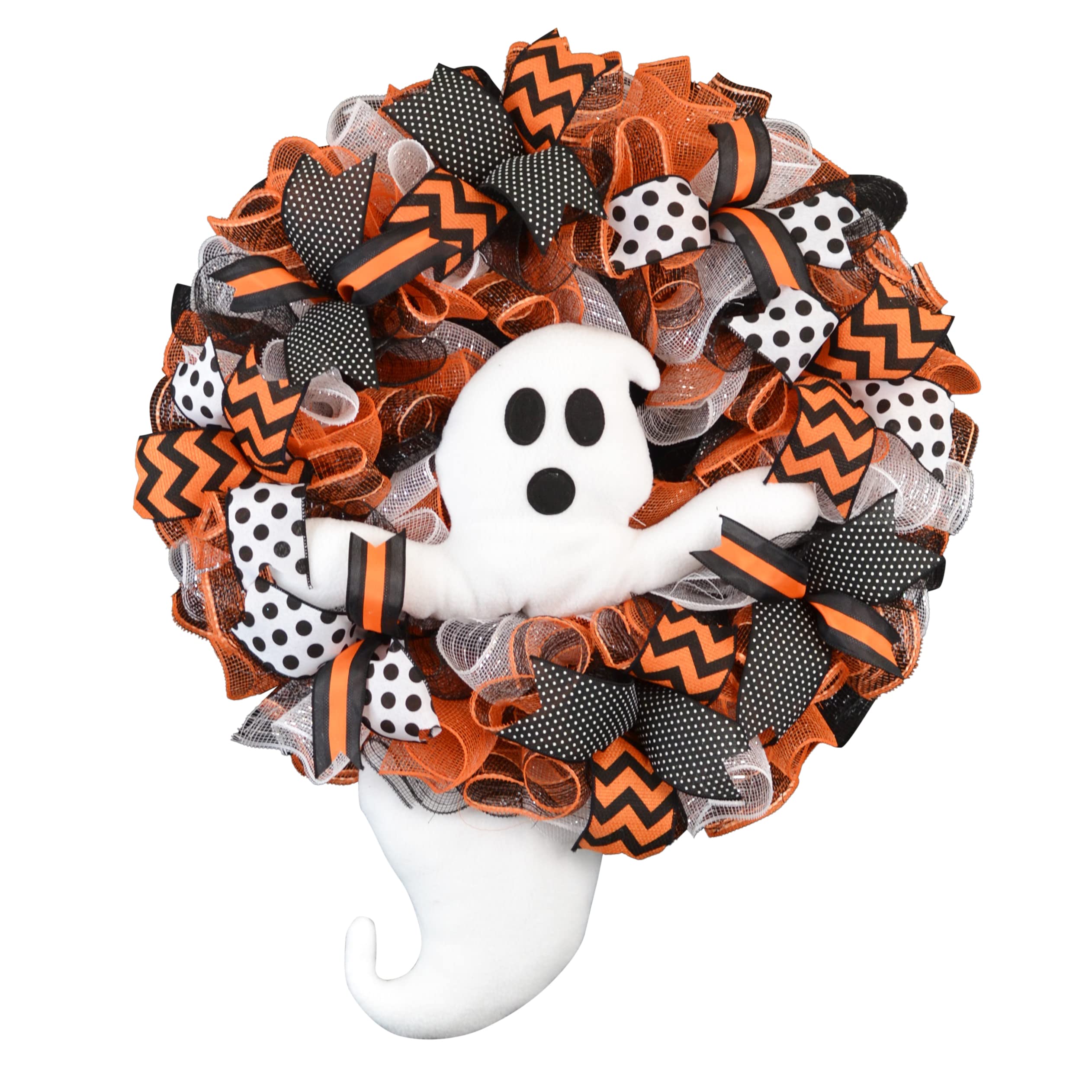 Halloween Ghost Wreath - Orange Black White Mesh Door Decor for Front Porch, Outdoor & Indoor Halloween Party Decorations | Spooky Seasonal Home Decoration